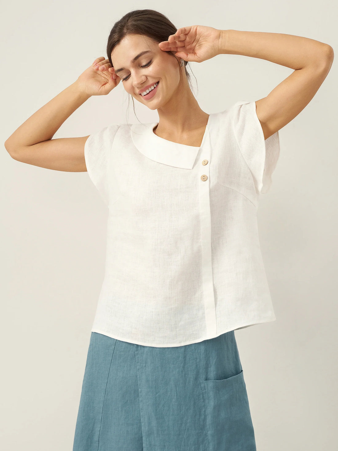 100% Linen Cap Sleeve Asymmetric Top