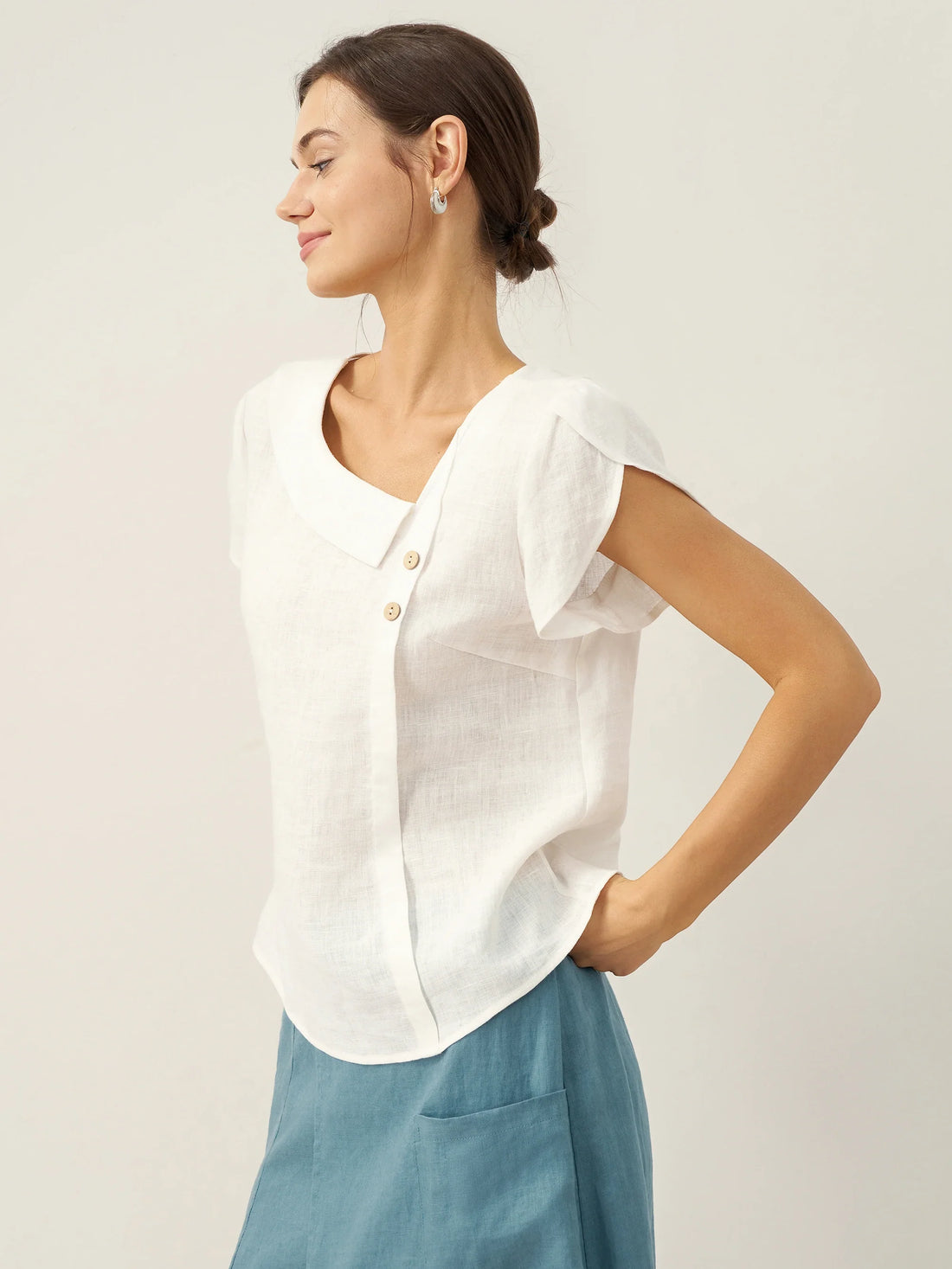 100% Linen Cap Sleeve Asymmetric Top