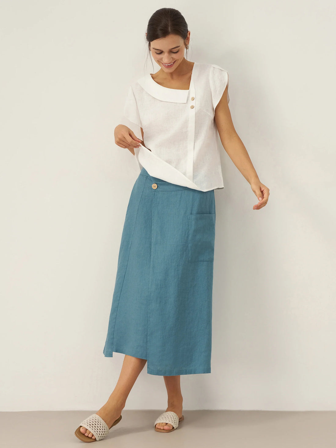 100% Linen Cap Sleeve Asymmetric Top