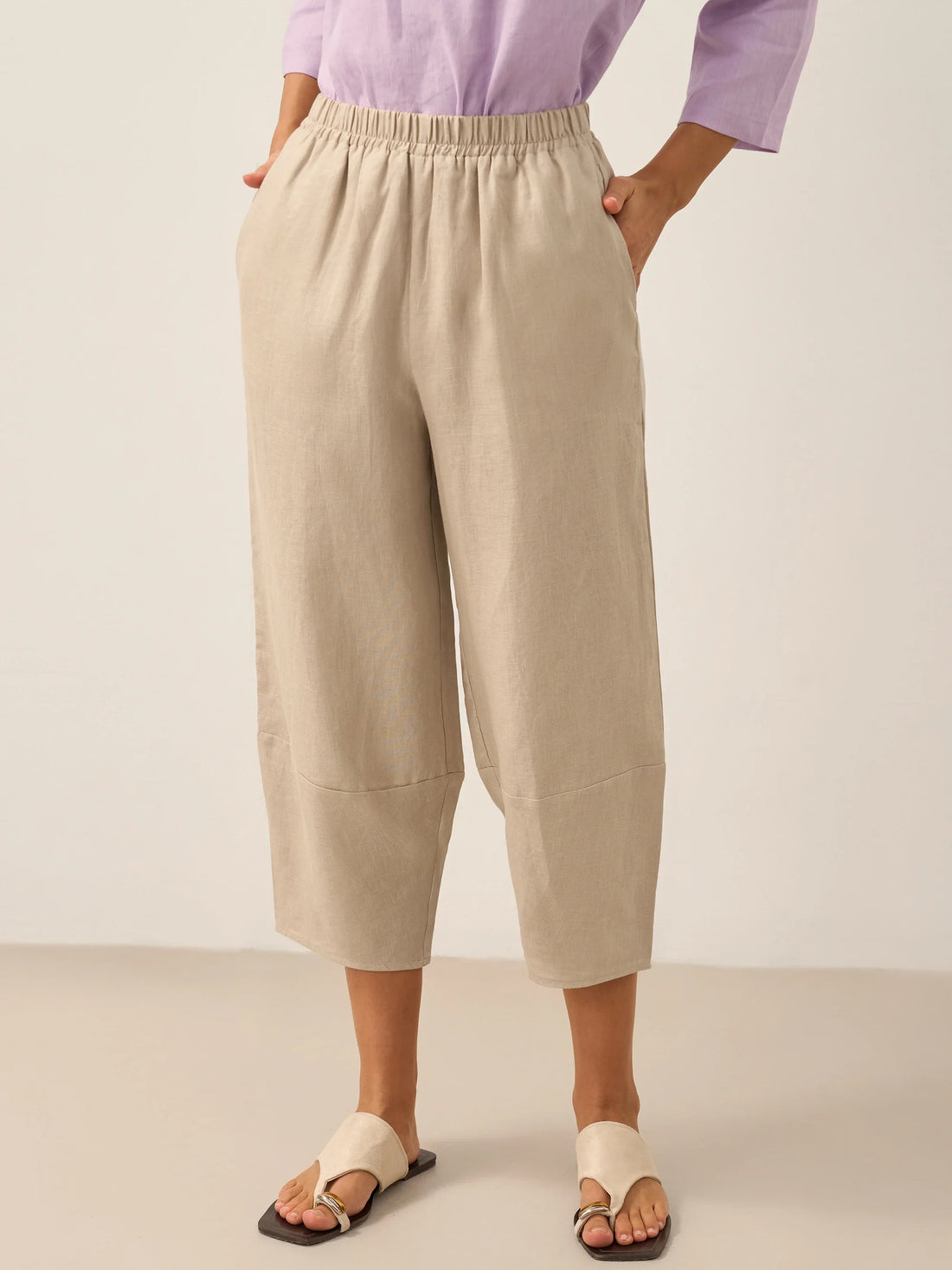 100% Linen Garment-Dyed Crop Barrel Pants