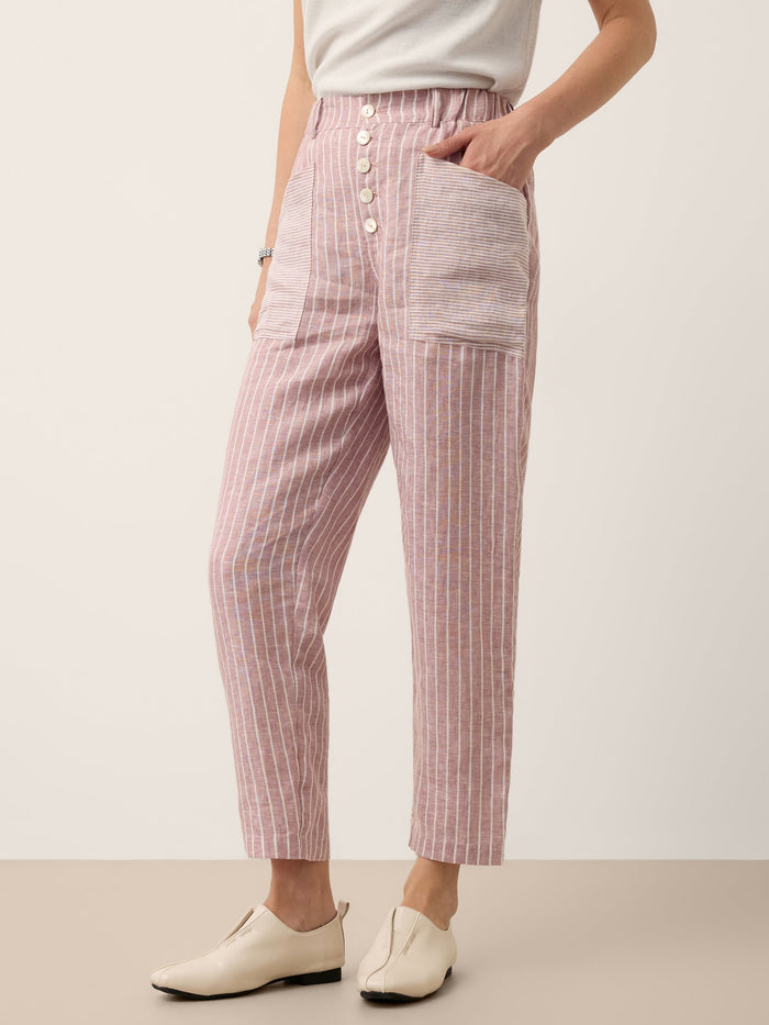 100% Linen Striped Patch-Pocket Tapered Pants