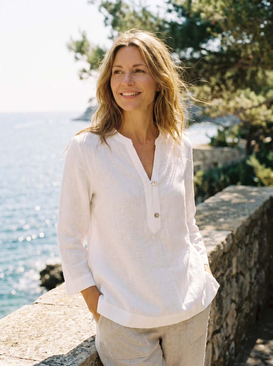 100% Linen Deep V-Neck Blouse With Button Trim