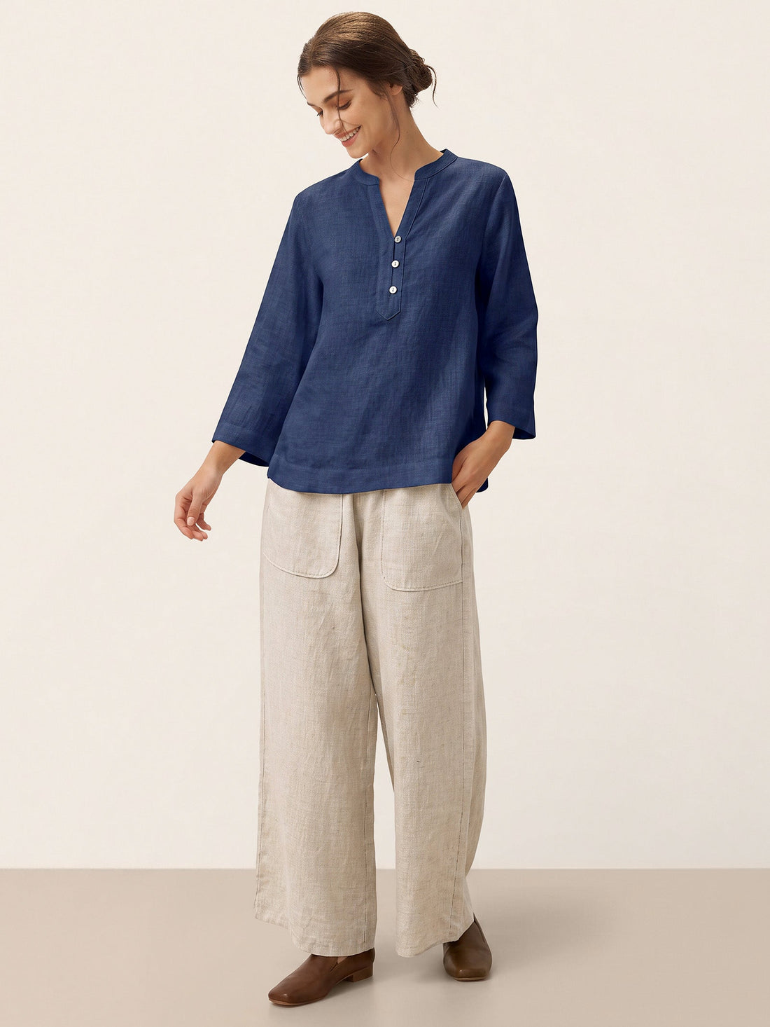 100% Linen Deep V-Neck Blouse With Button Trim