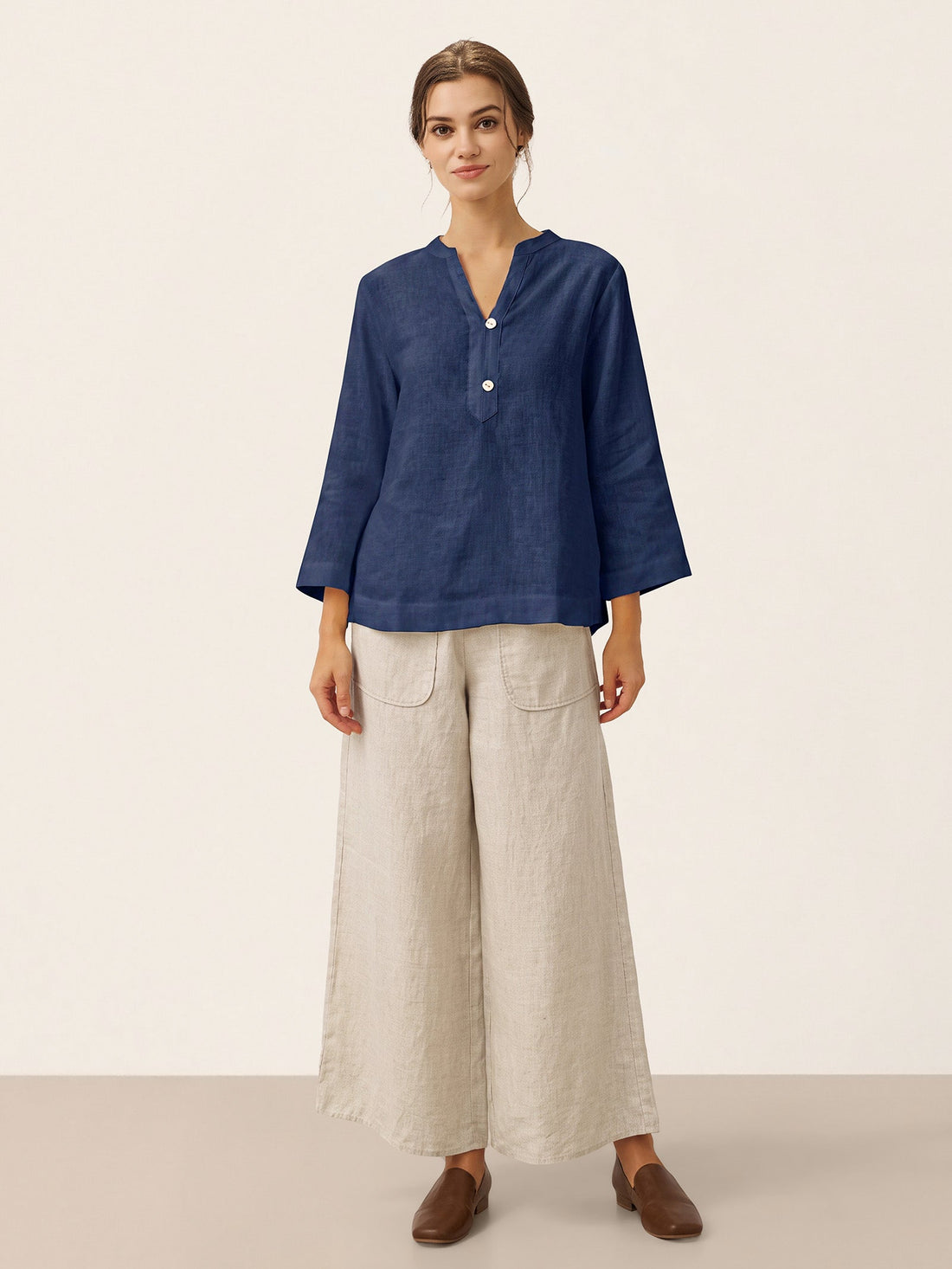 100% Linen Deep V-Neck Blouse With Button Trim