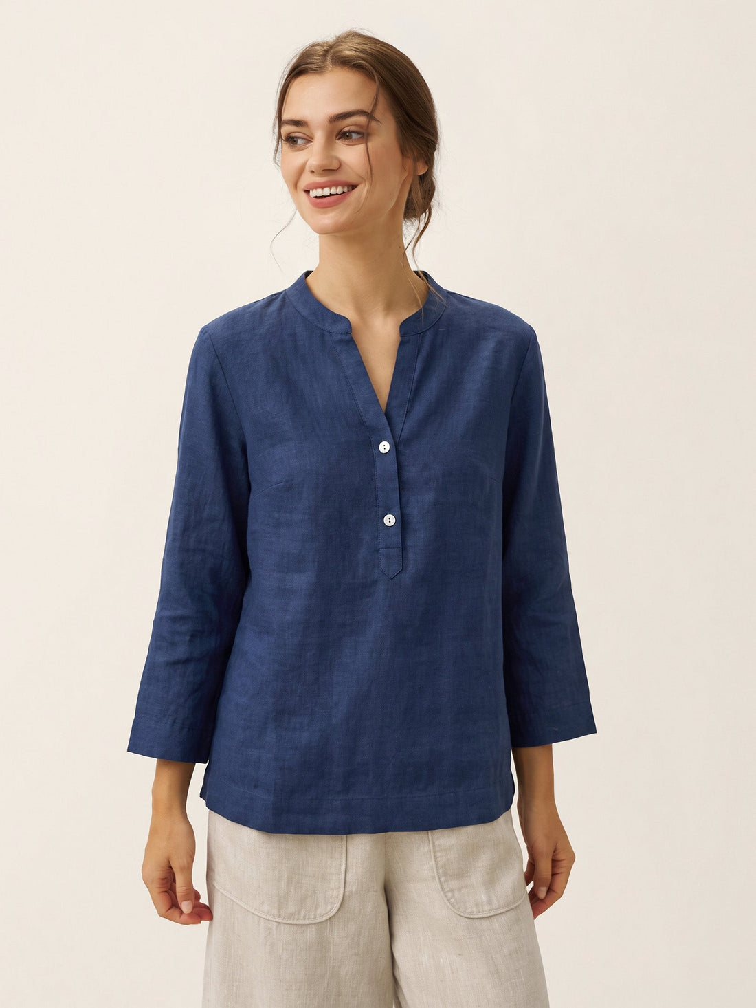 100% Linen Deep V-Neck Blouse With Button Trim