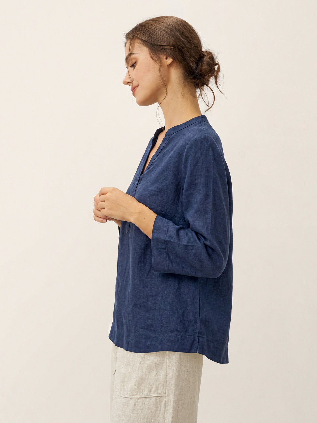 100% Linen Deep V-Neck Blouse With Button Trim