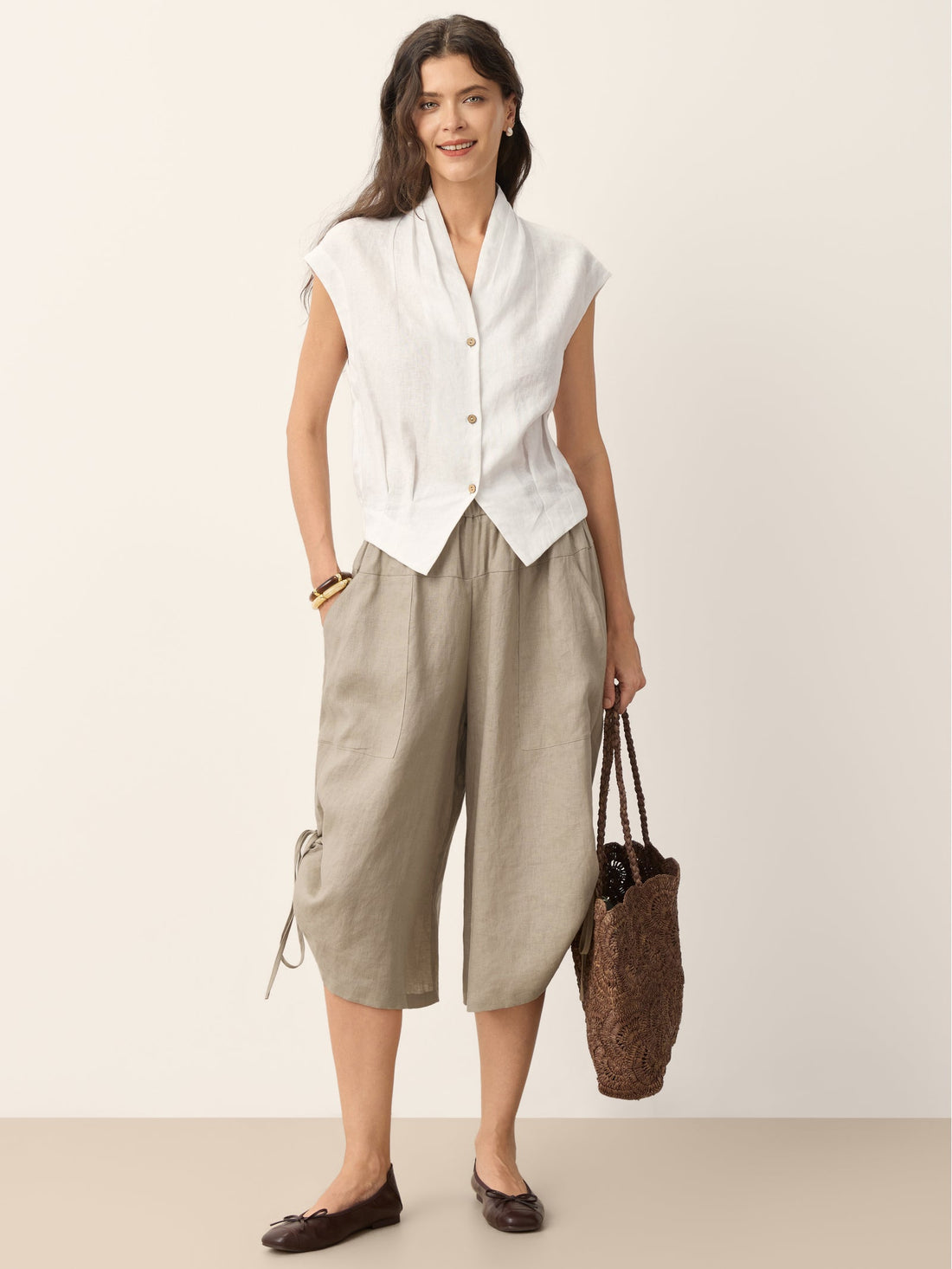 100% Linen Semi-Sheer V-Neck Cropped Shirt
