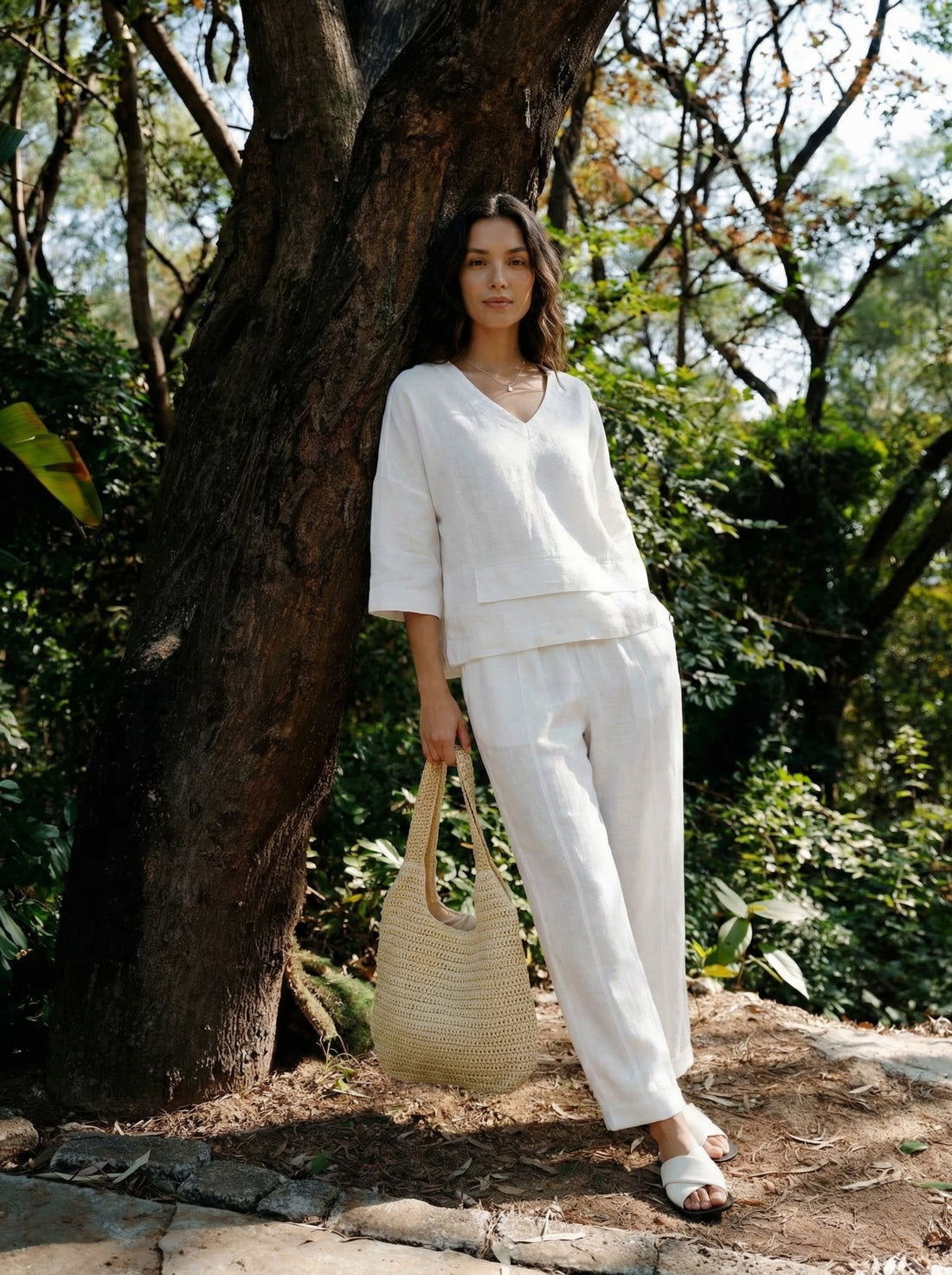 Linen Asymmetric V-Neck Half-Sleeve Shirt