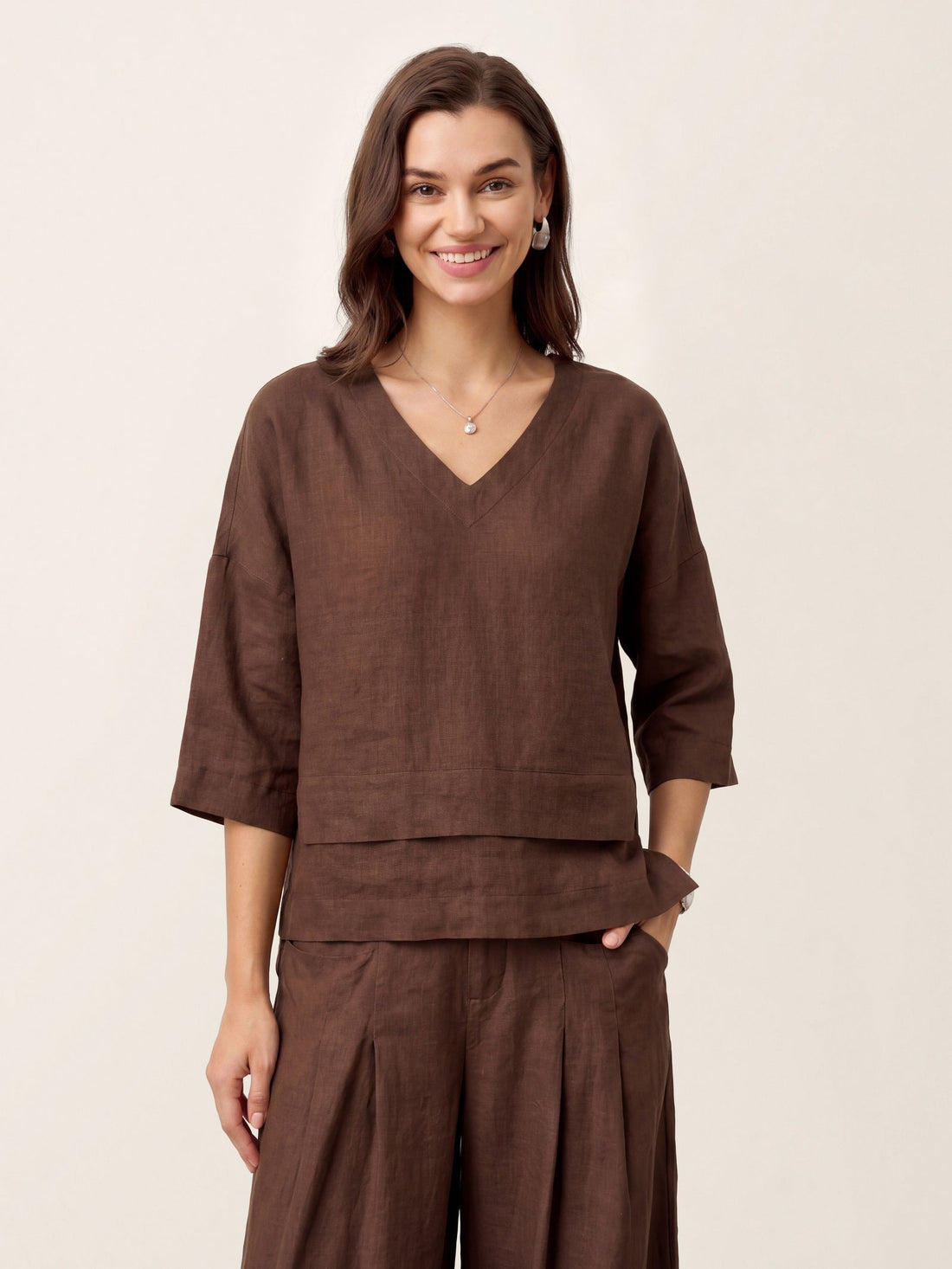 Linen Asymmetric V-Neck Half-Sleeve Shirt