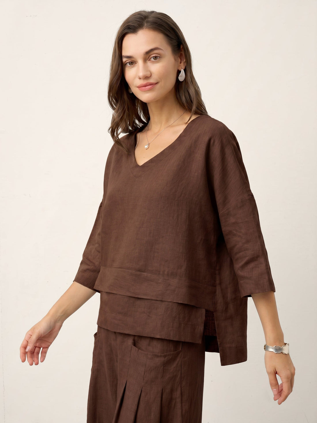 Linen Asymmetric V-Neck Half-Sleeve Shirt
