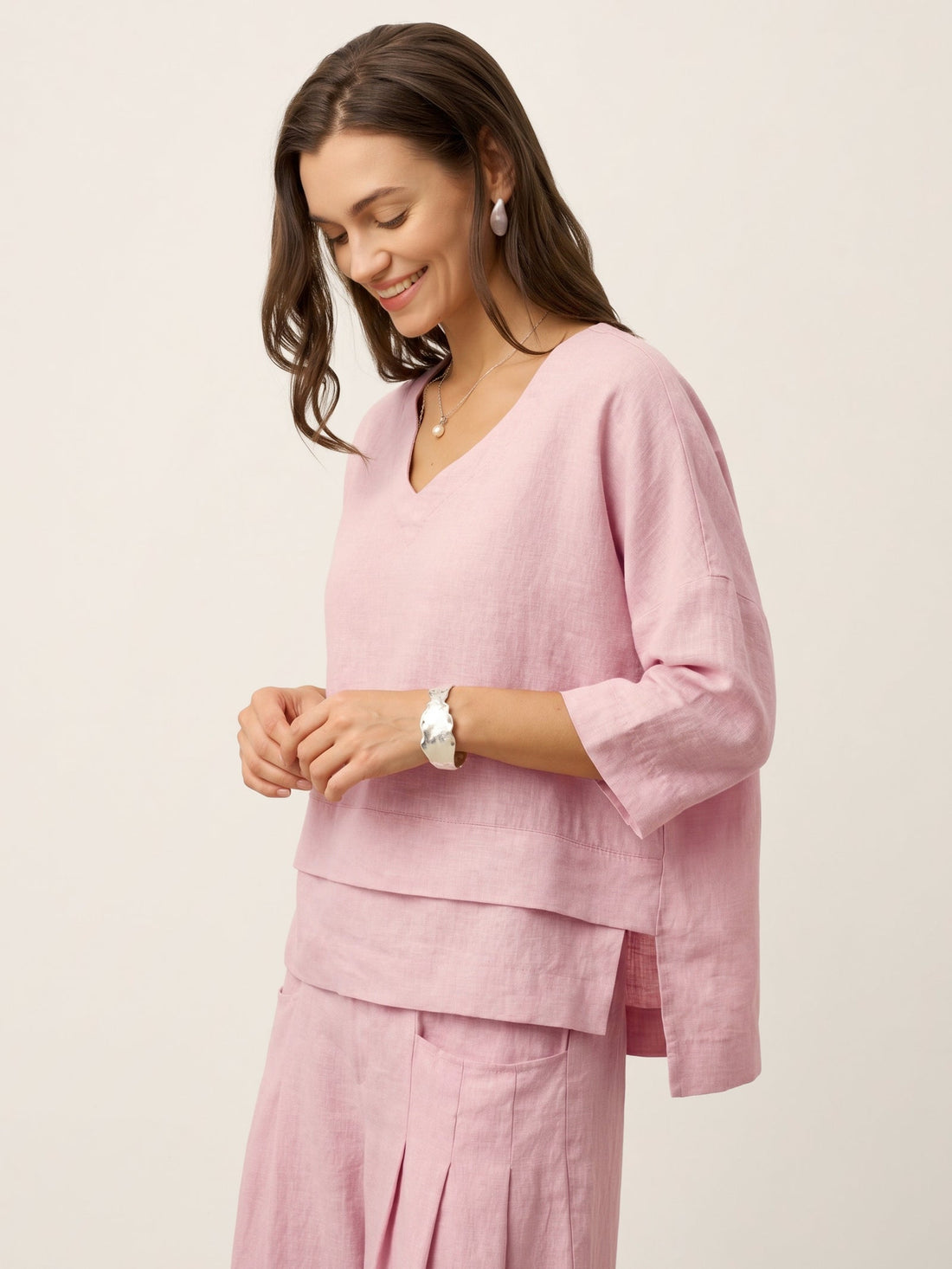 Linen Asymmetric V-Neck Half-Sleeve Shirt