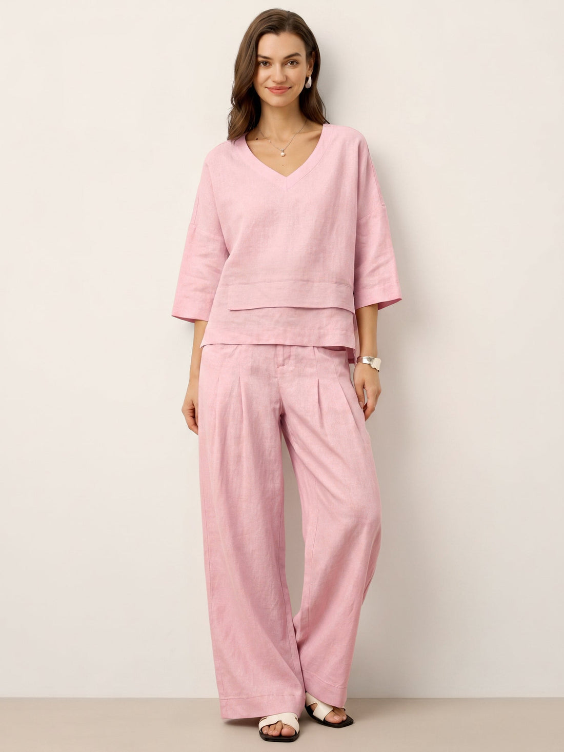 Linen Asymmetric V-Neck Half-Sleeve Shirt