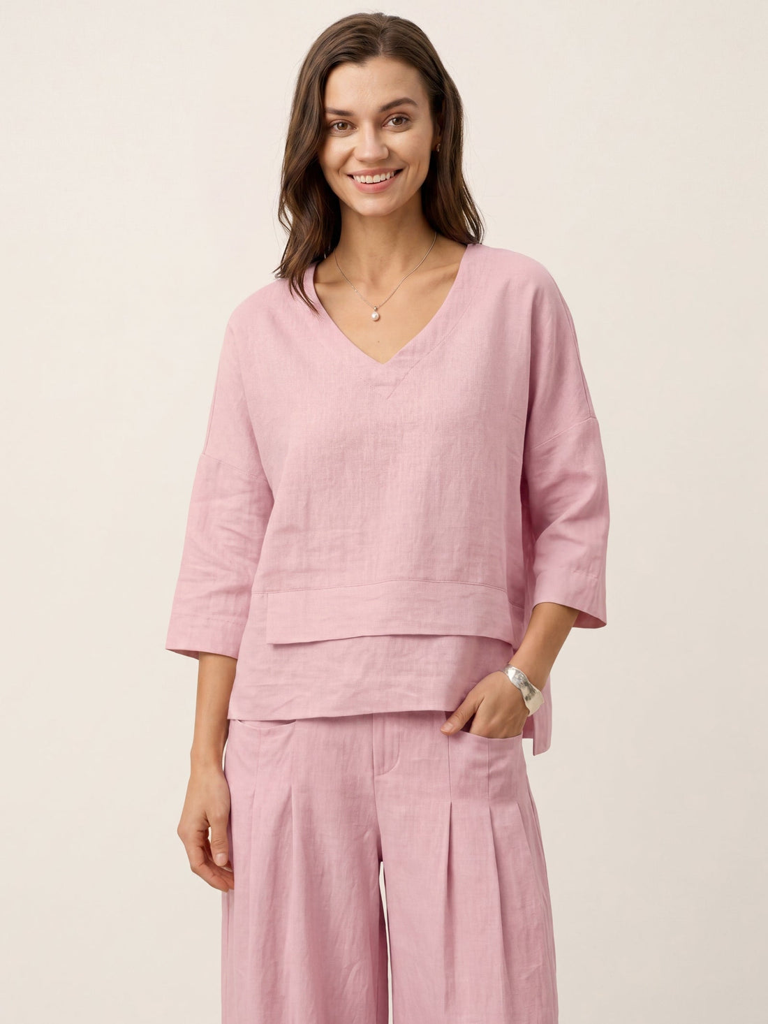 Linen Asymmetric V-Neck Half-Sleeve Shirt