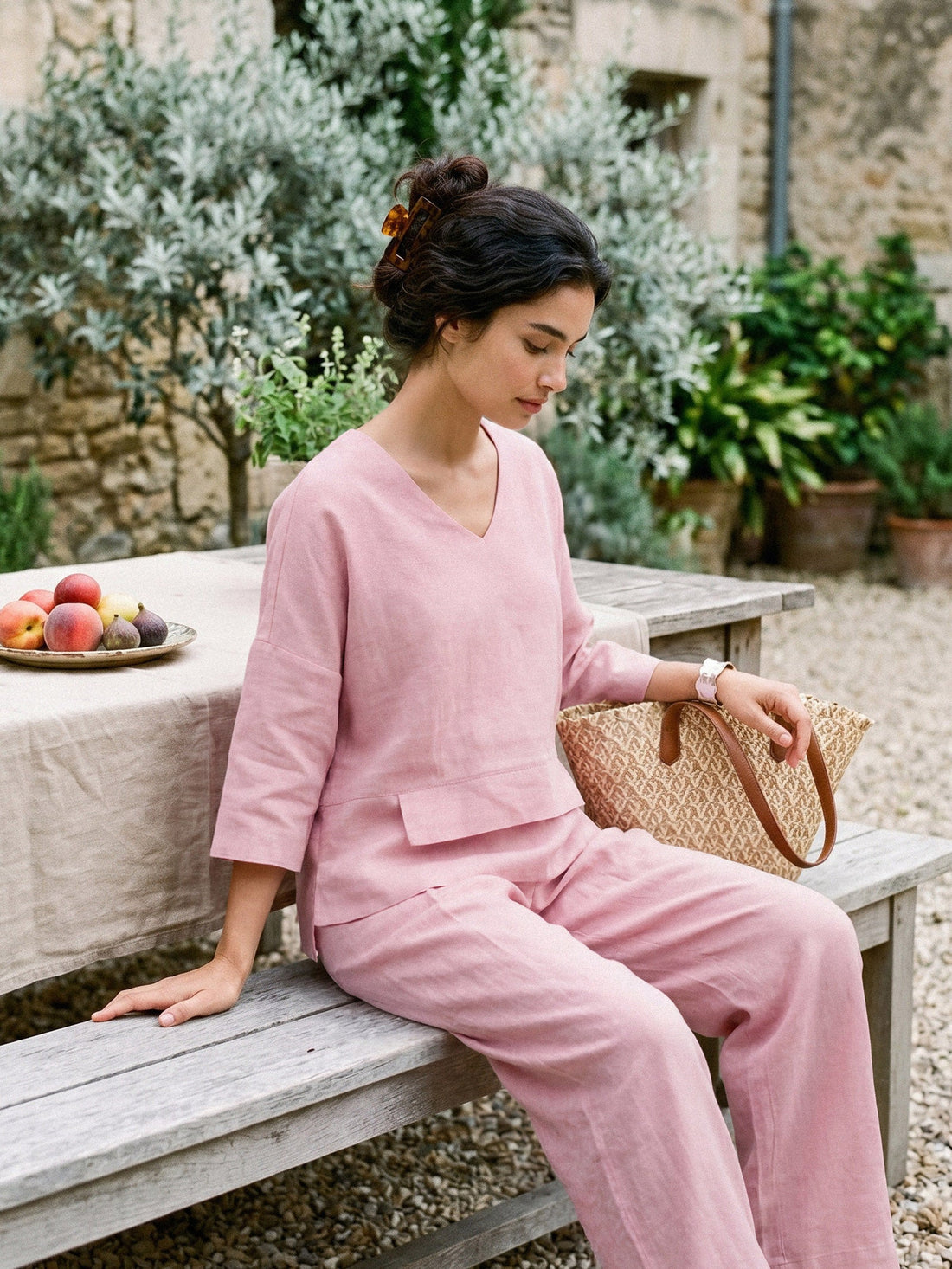 Linen Asymmetric V-Neck Half-Sleeve Shirt