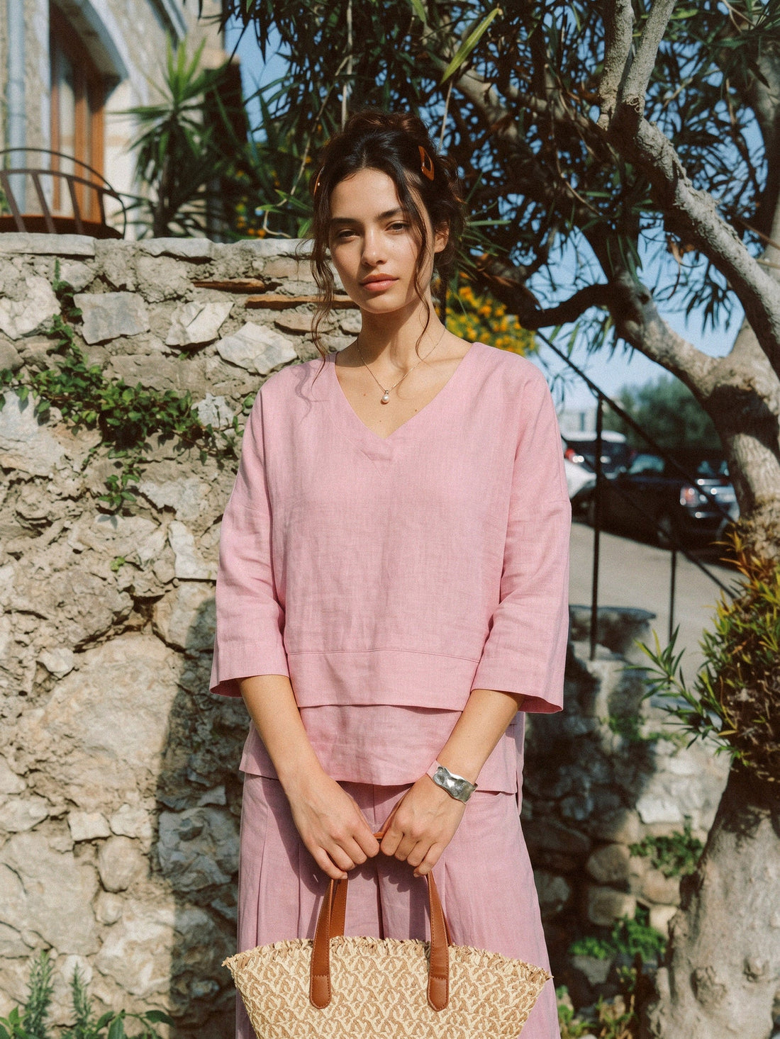 Linen Asymmetric V-Neck Half-Sleeve Shirt
