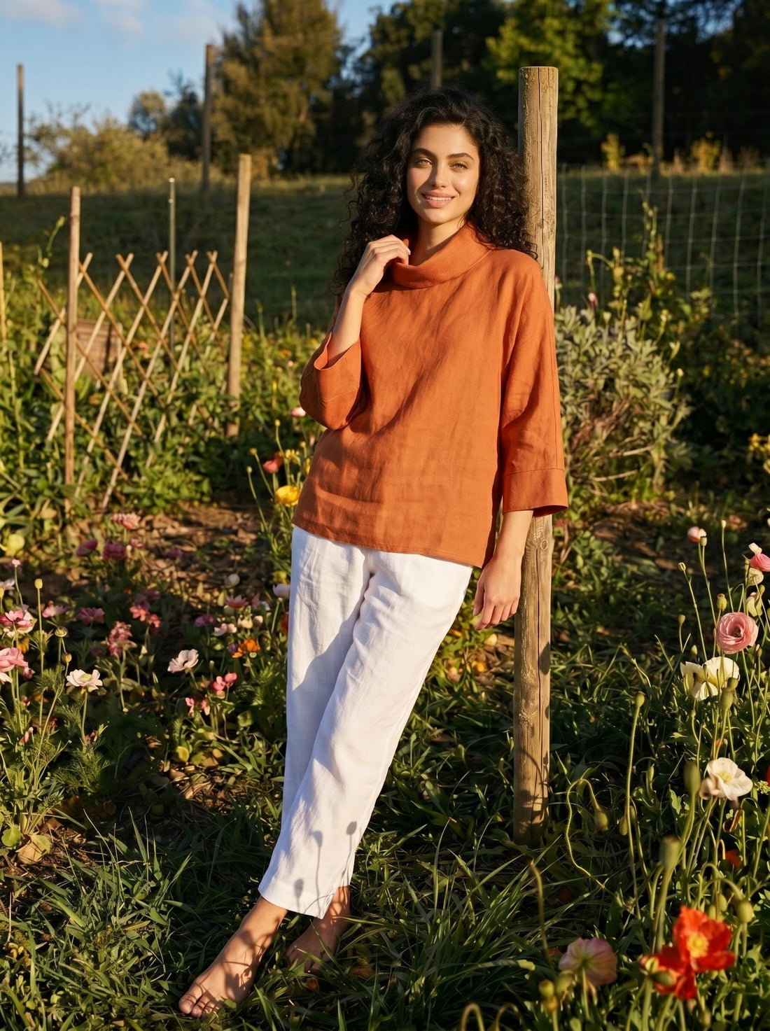 Linen Blend Long Sleeve Blouse