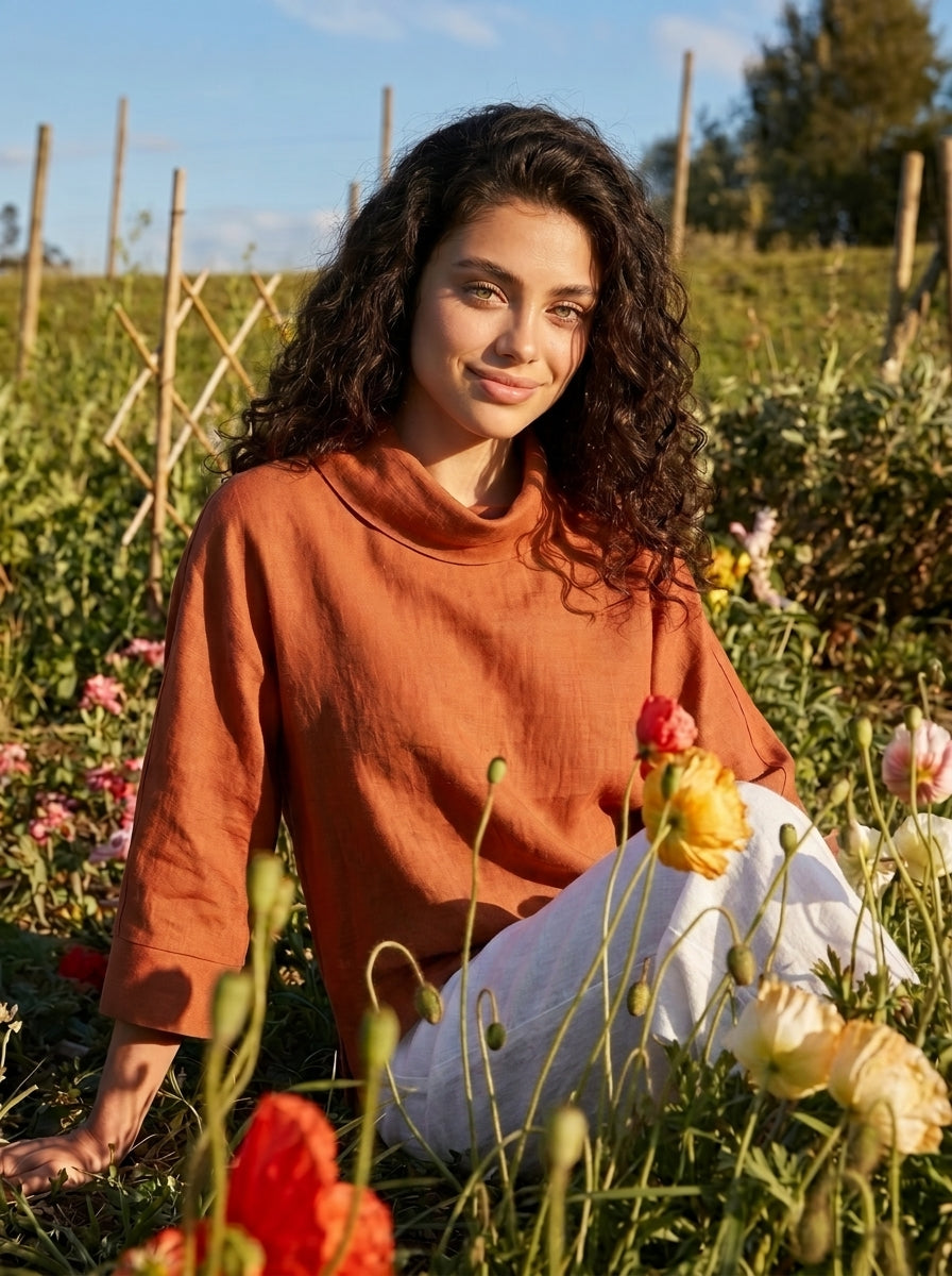Linen Blend Long Sleeve Blouse