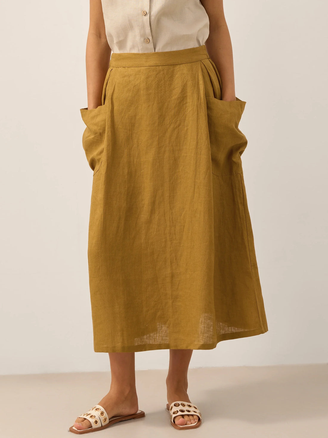 75% Linen A-Line Midi Skirt with Patch Pockets