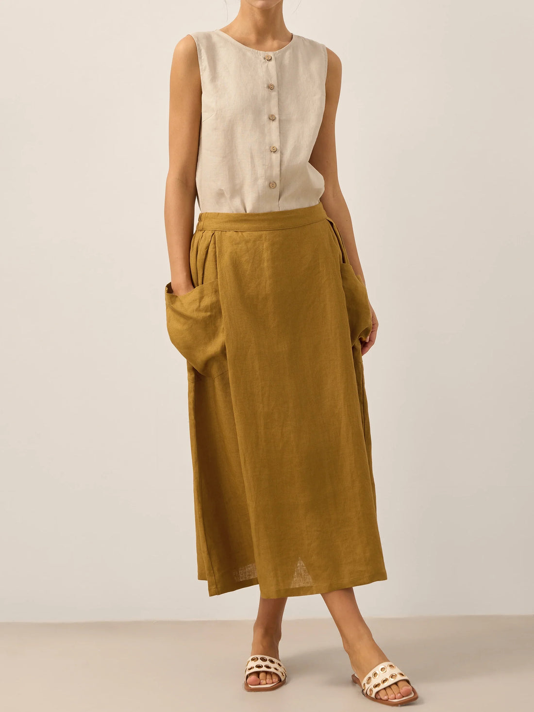 75% Linen A-Line Midi Skirt with Patch Pockets