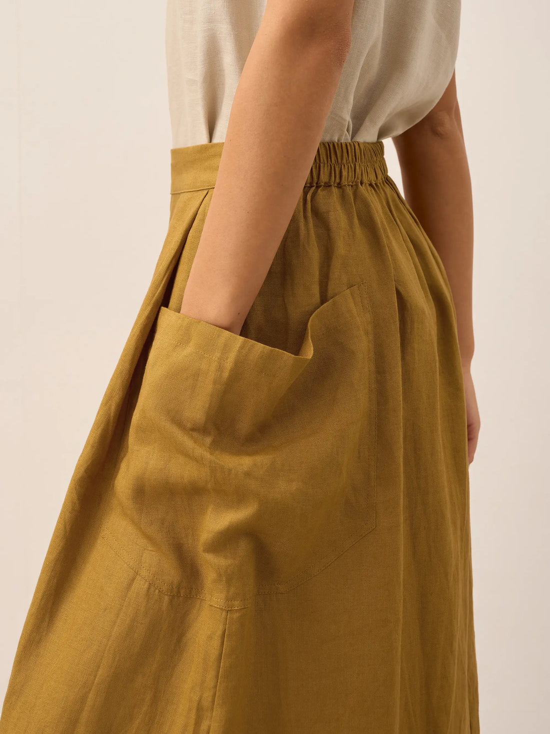 75% Linen A-Line Midi Skirt with Patch Pockets