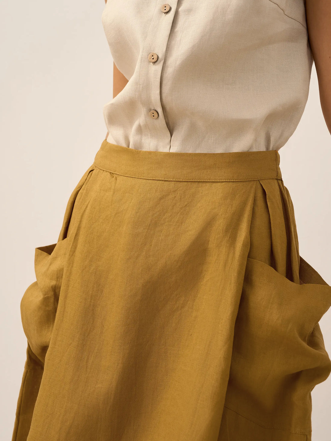 75% Linen A-Line Midi Skirt with Patch Pockets