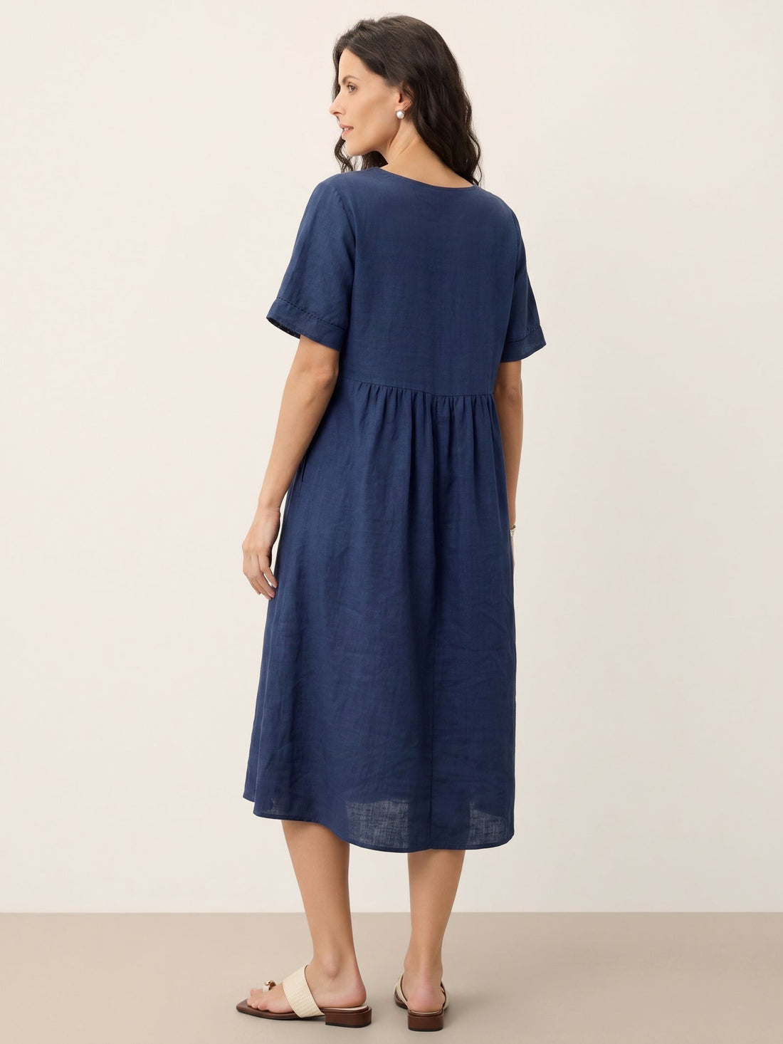 100% Linen Ruched Short Sleeve Midi Dress