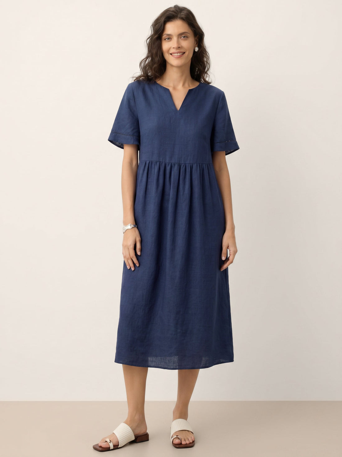 100% Linen Ruched Short Sleeve Midi Dress