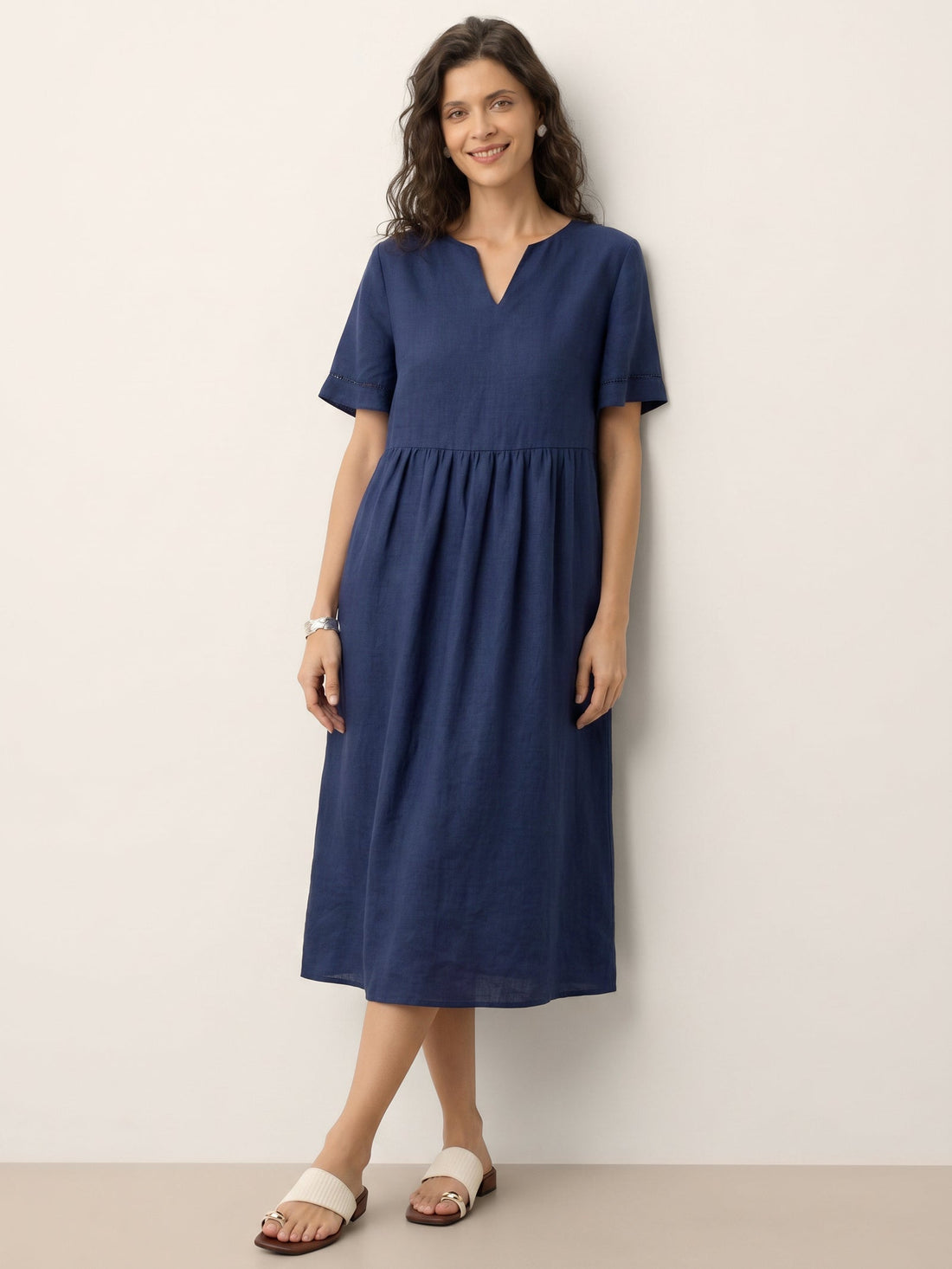 100% Linen Ruched Short Sleeve Midi Dress