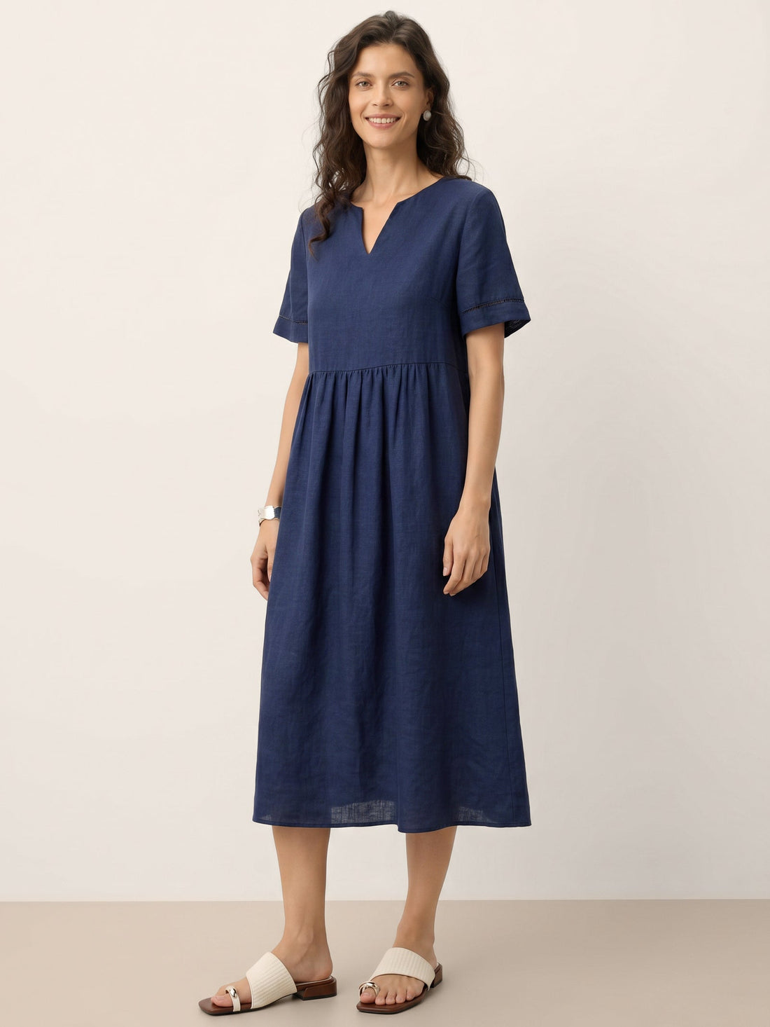 100% Linen Ruched Short Sleeve Midi Dress
