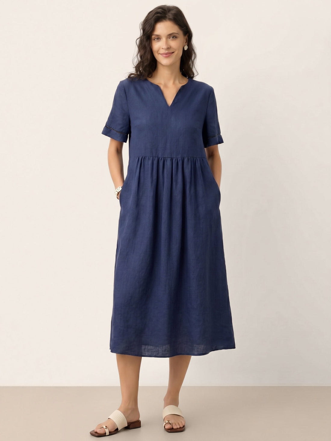 100% Linen Ruched Short Sleeve Midi Dress