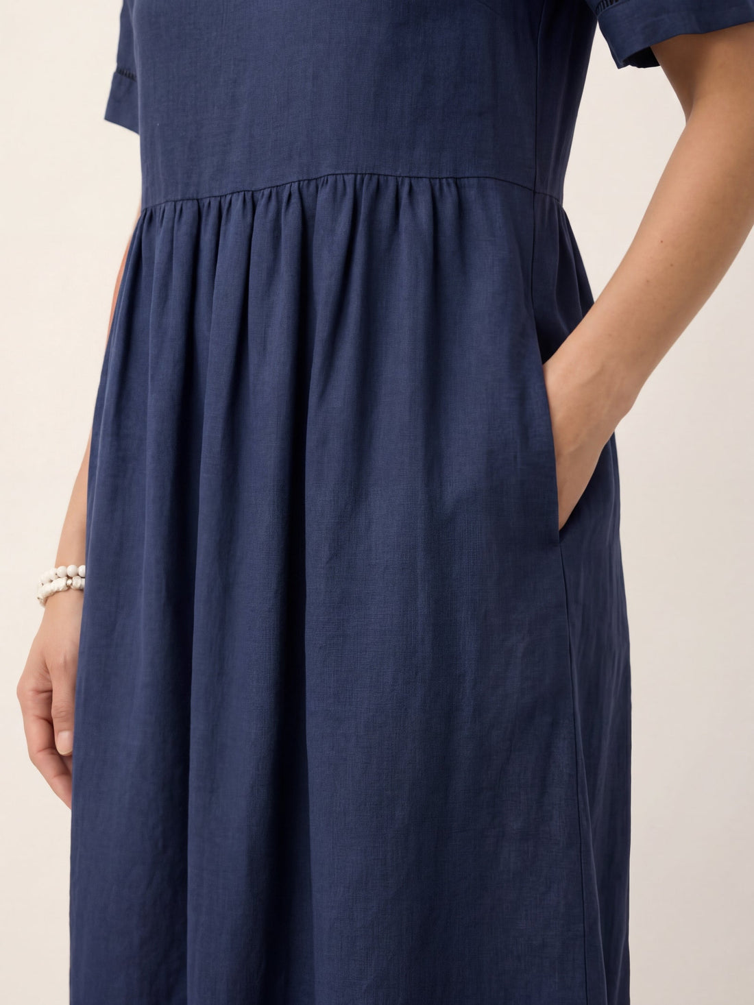 100% Linen Ruched Short Sleeve Midi Dress