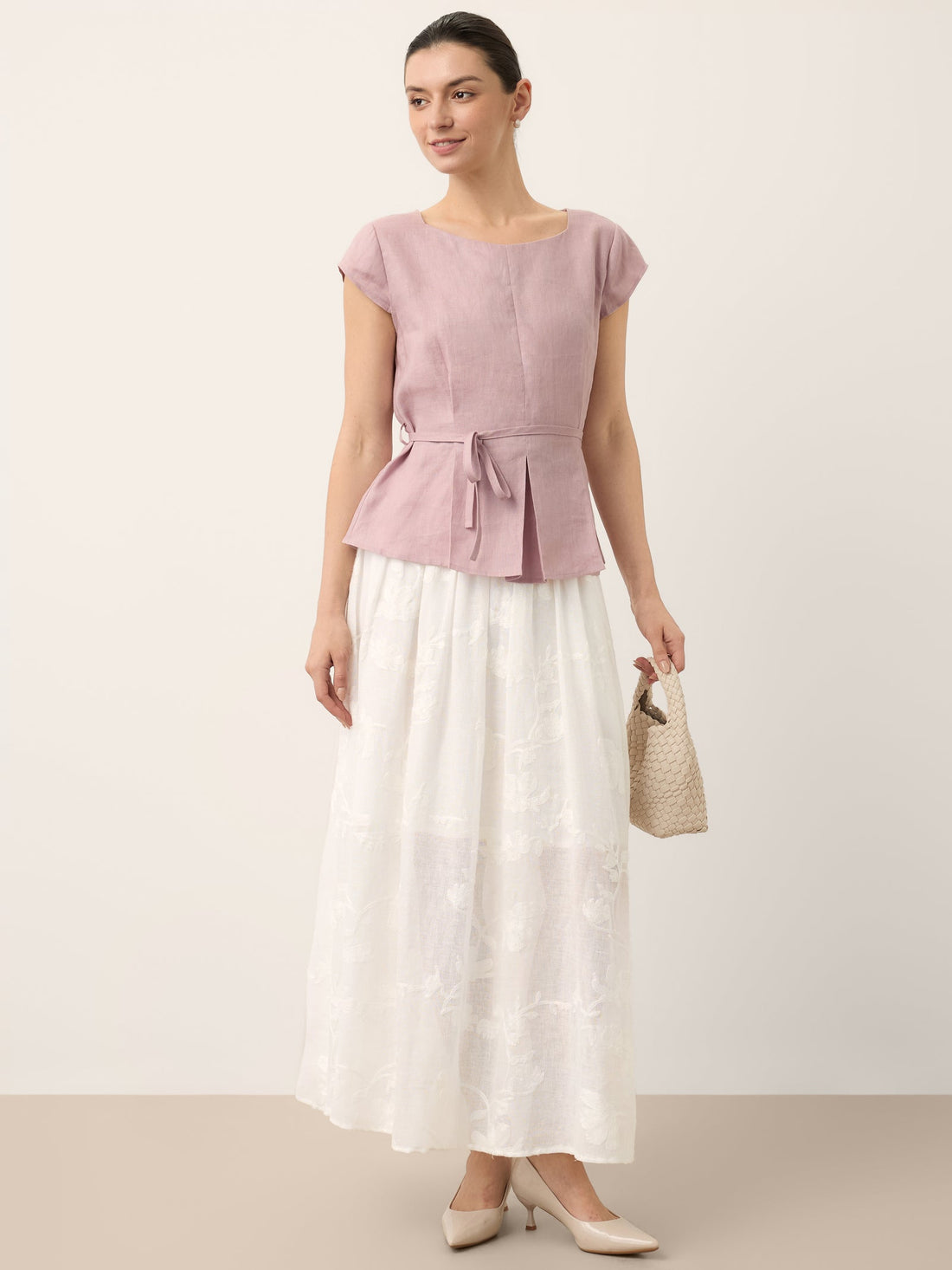 100% Linen Elastic Waist Midi Skirt