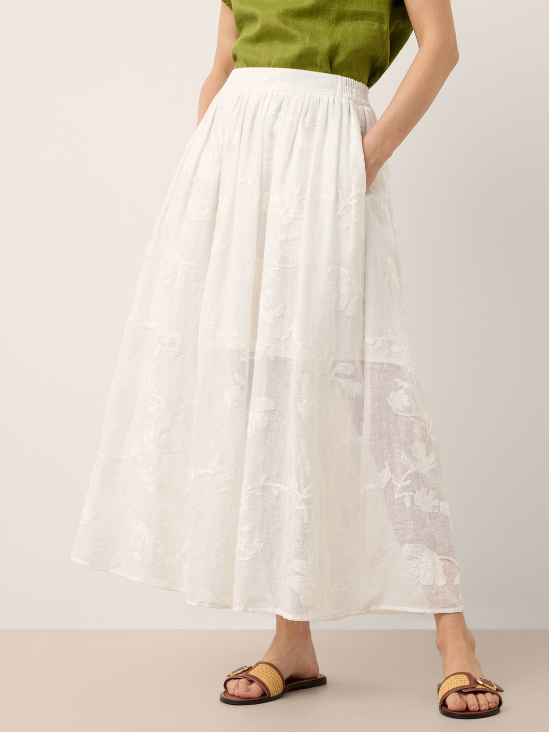 100% Linen Elastic Waist Midi Skirt