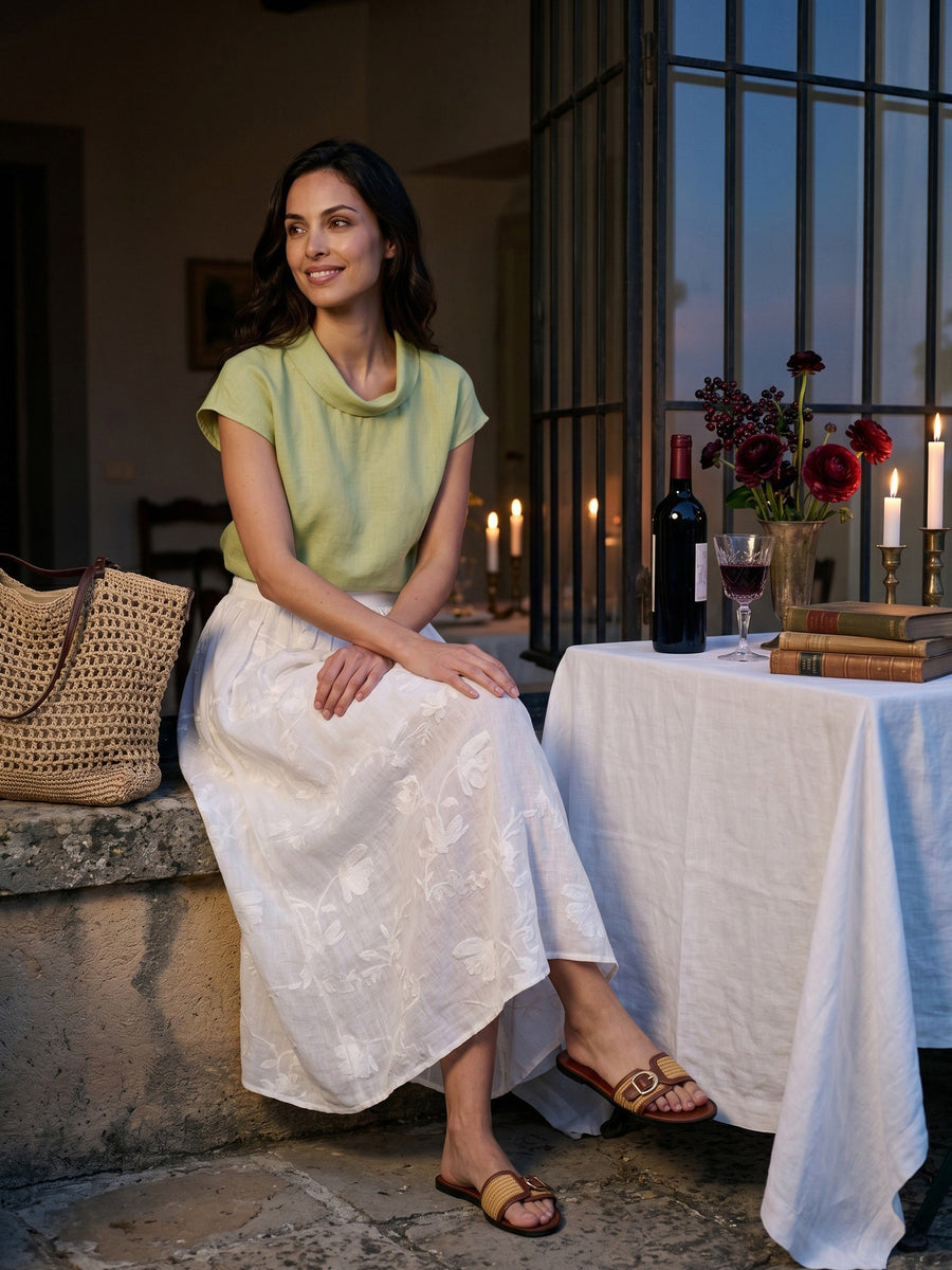100% Linen Elastic Waist Midi Skirt
