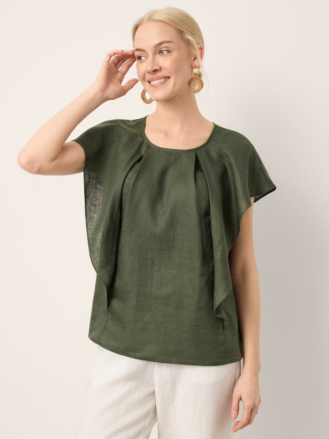 100% Linen Round Neck Top with Cap Sleeves