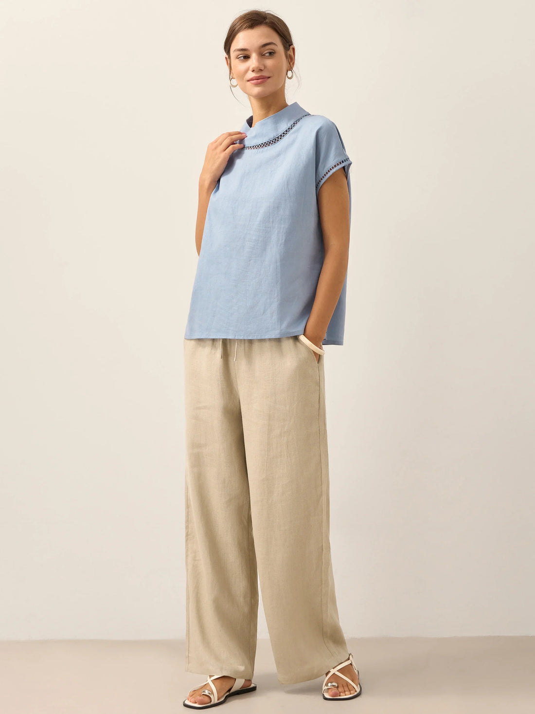 55% Linen Blend Stand Collar Top