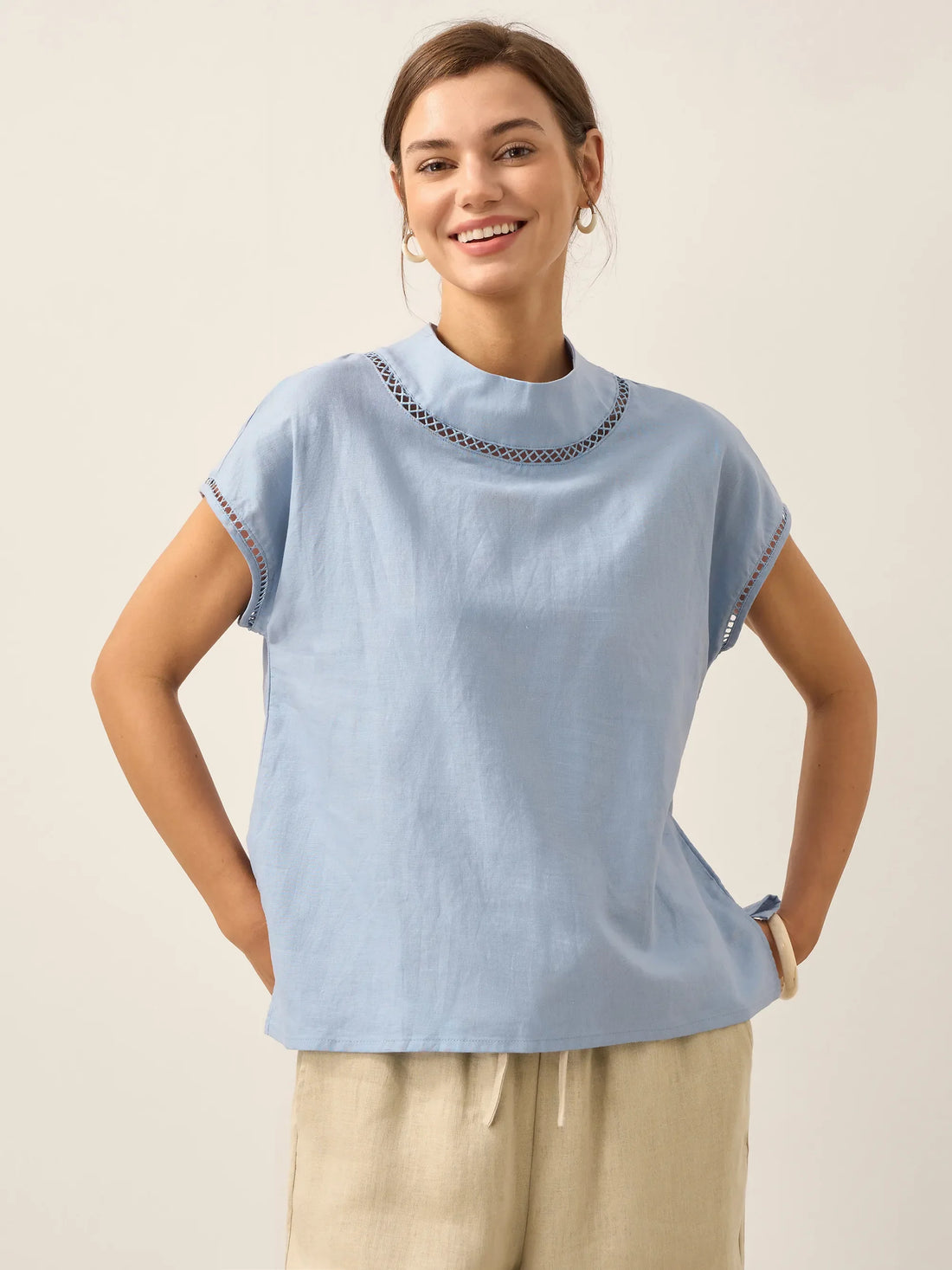 55% Linen Blend Stand Collar Top