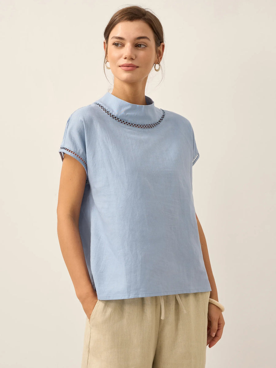 55% Linen Blend Stand Collar Top