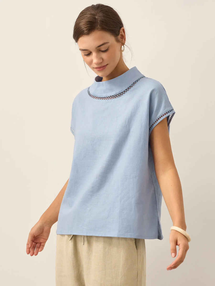 55% Linen Blend Stand Collar Top