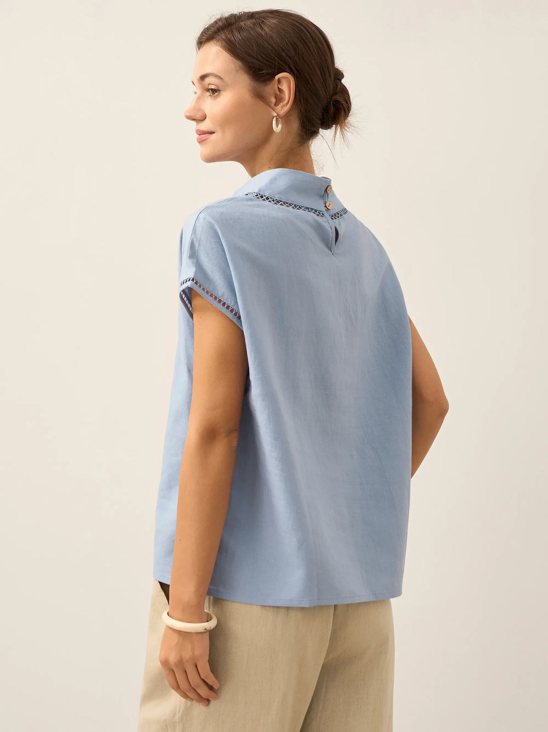 55% Linen Blend Stand Collar Top