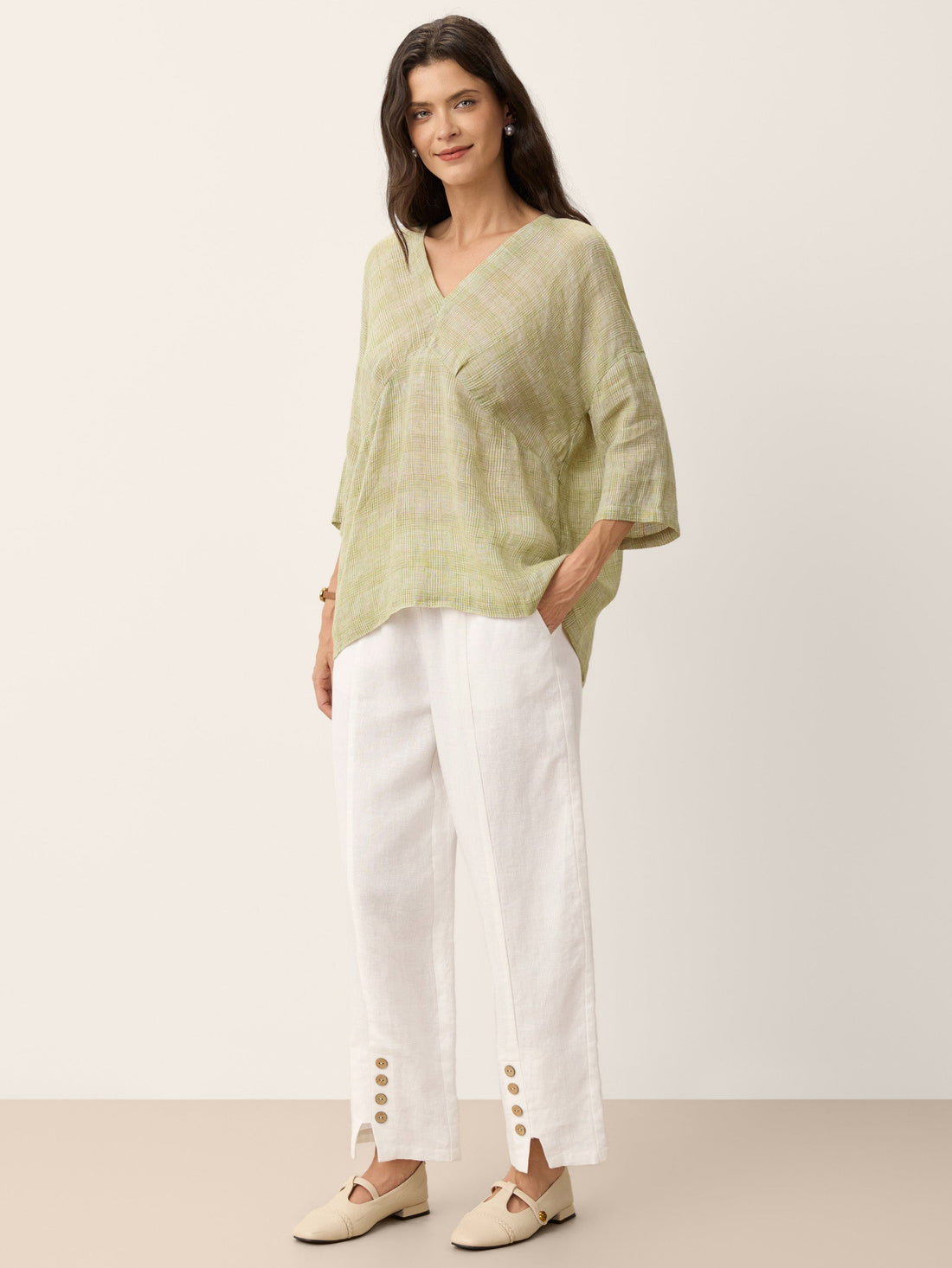 100% Linen Checked V-Neck Blouse