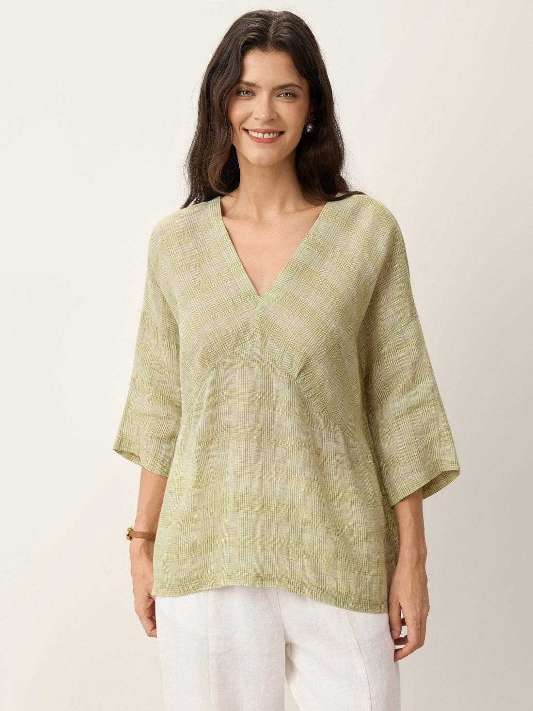 100% Linen Checked V-Neck Blouse