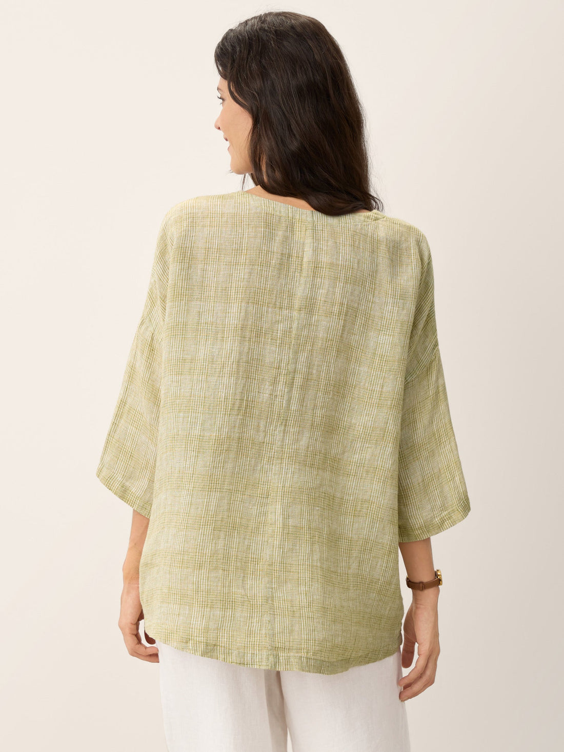 100% Linen Checked V-Neck Blouse