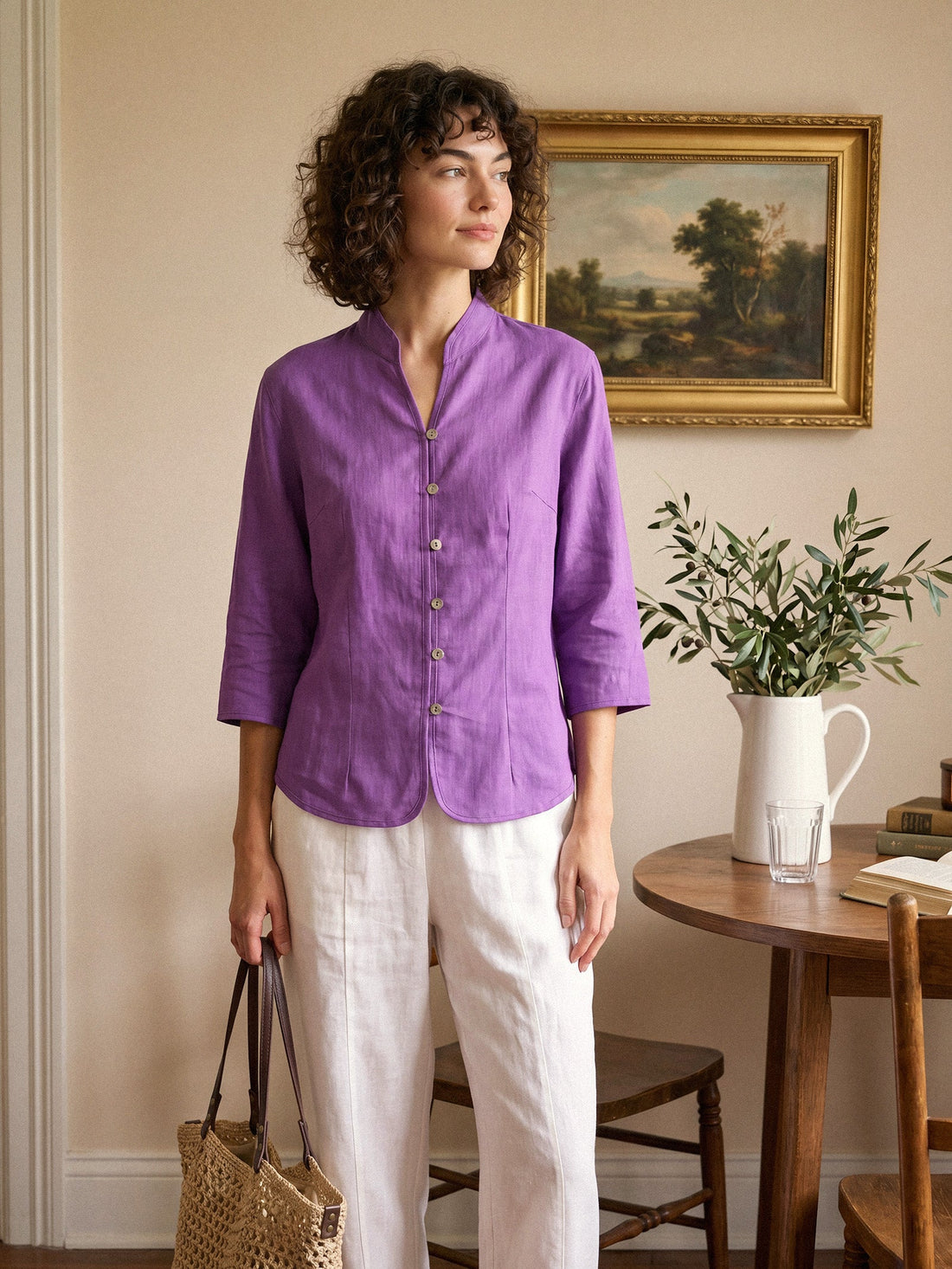 100% Linen Tailored Stand-Collar Jacket