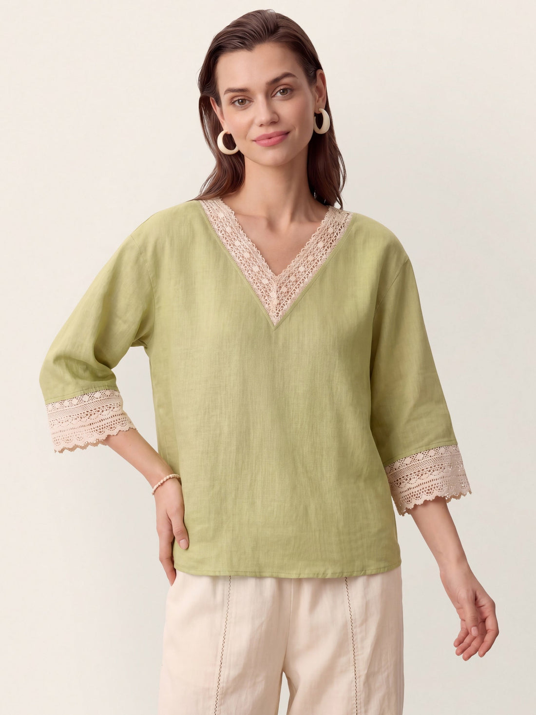 100% Linen Garment-Dyed V-Neck Blouse