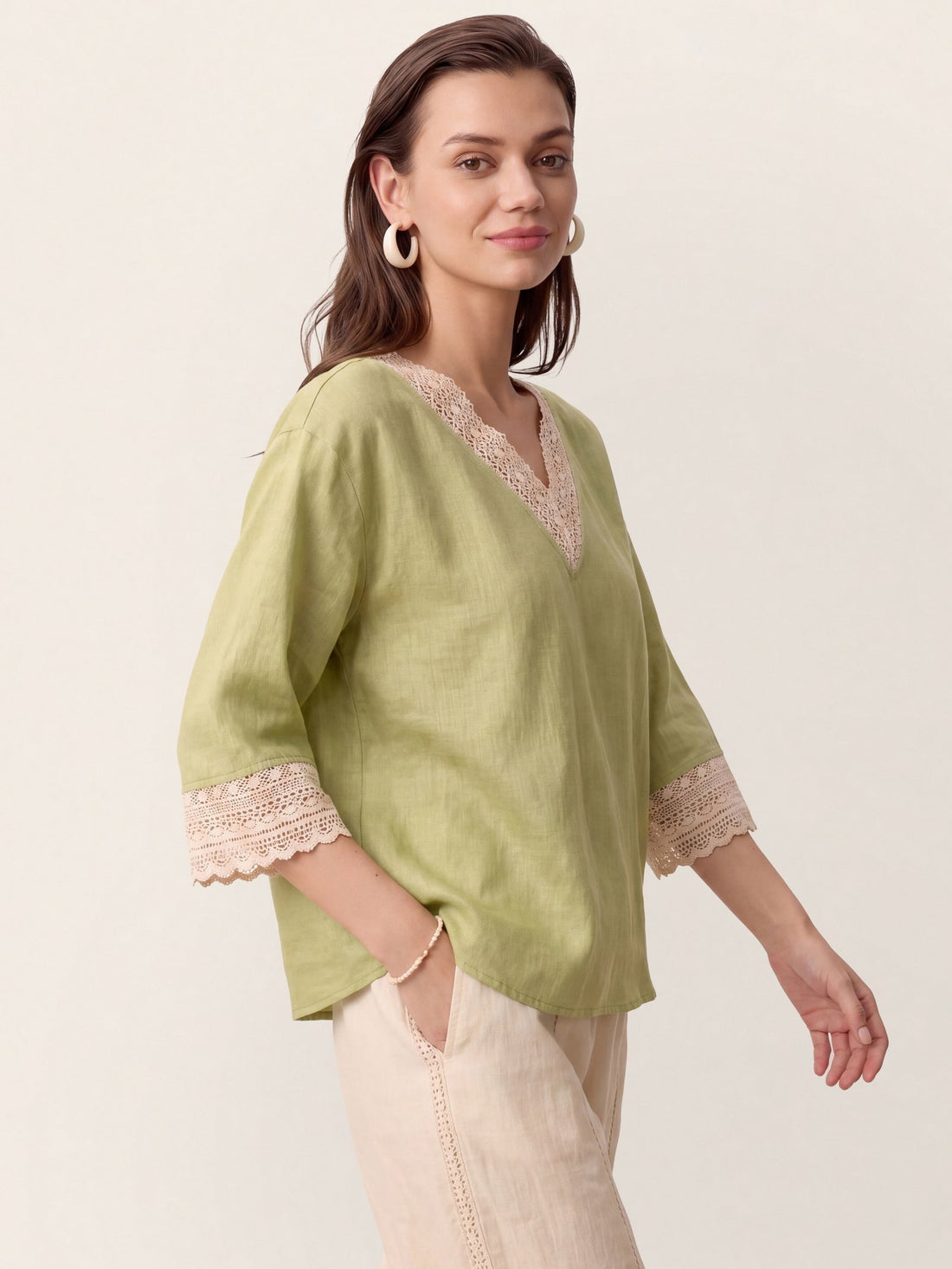 100% Linen Garment-Dyed V-Neck Blouse