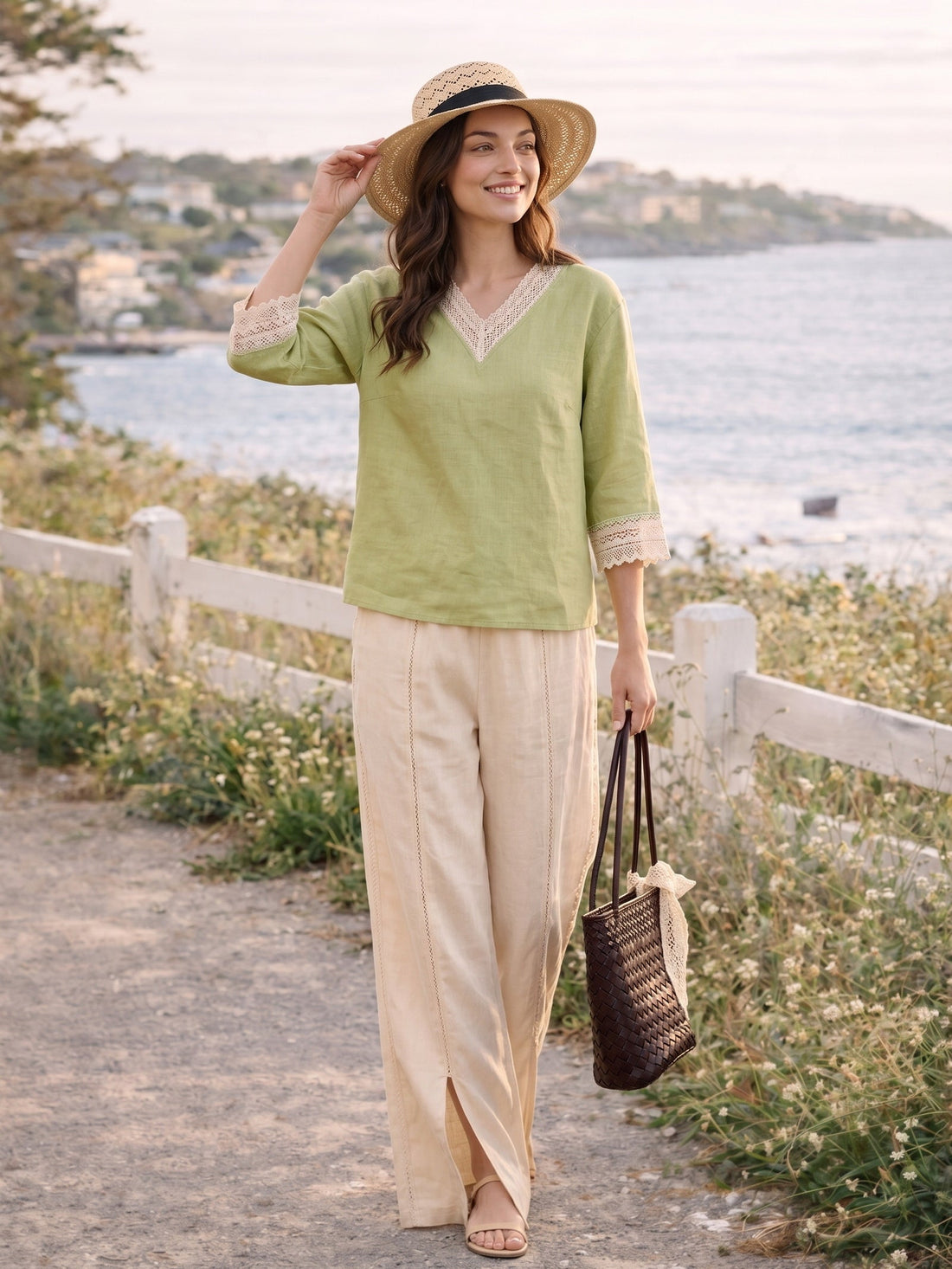 100% Linen Garment-Dyed V-Neck Blouse