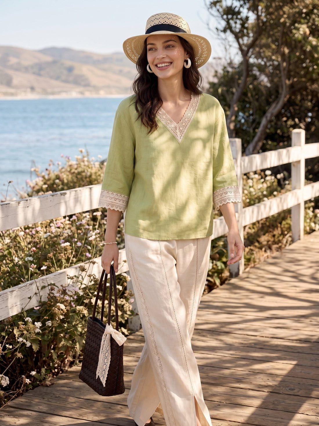 100% Linen Garment-Dyed V-Neck Blouse