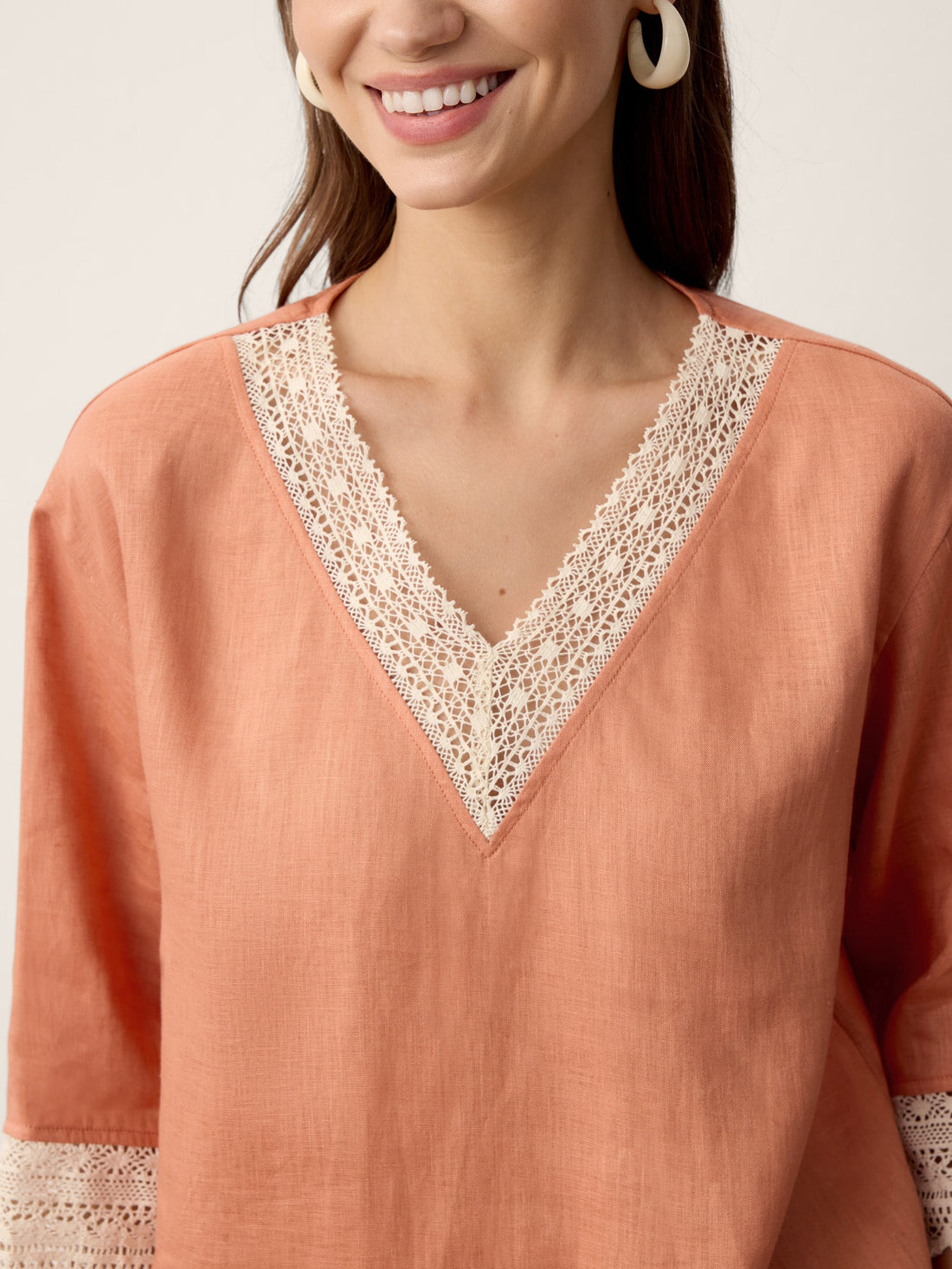100% Linen Garment-Dyed V-Neck Blouse