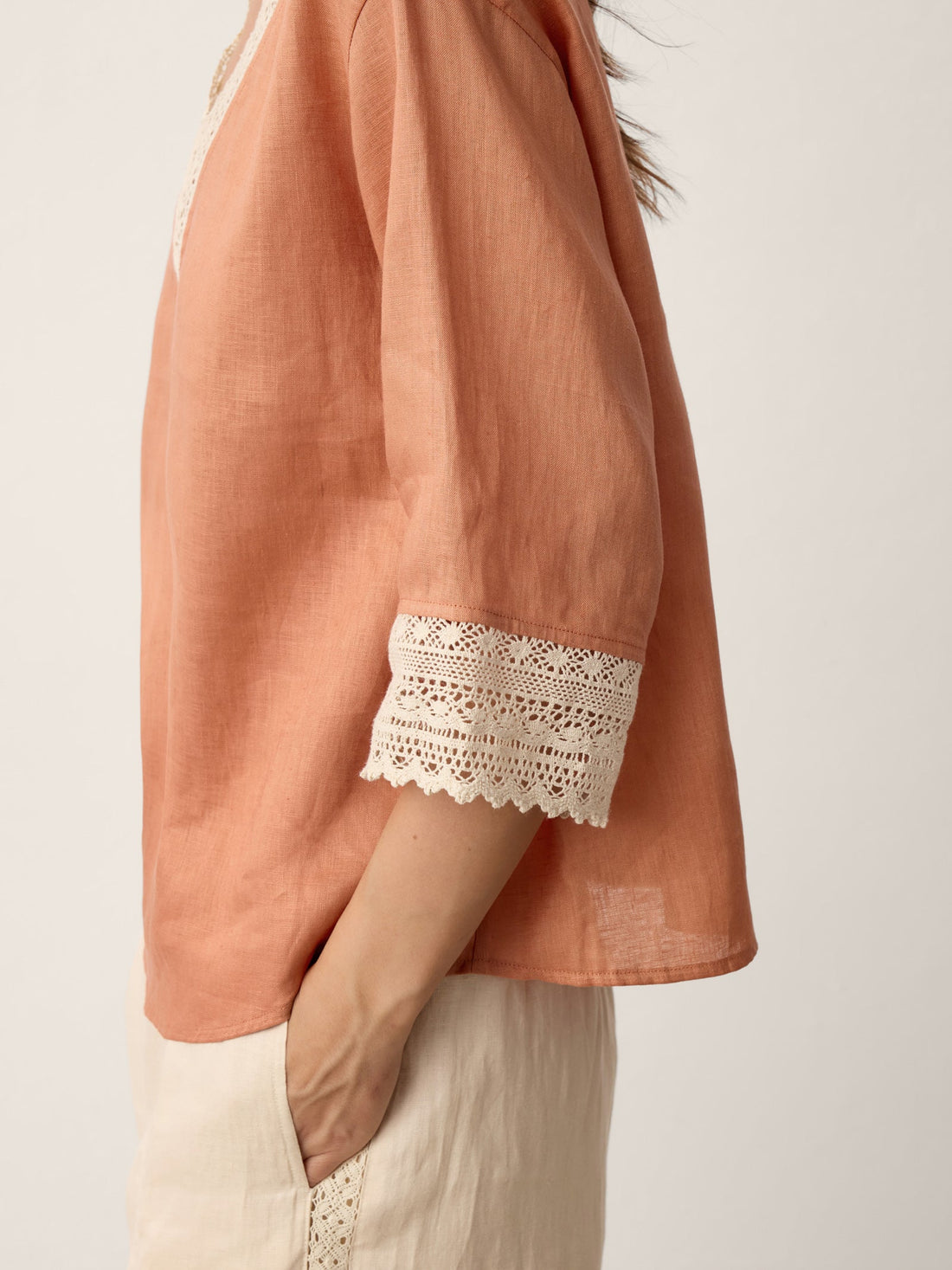 100% Linen Garment-Dyed V-Neck Blouse